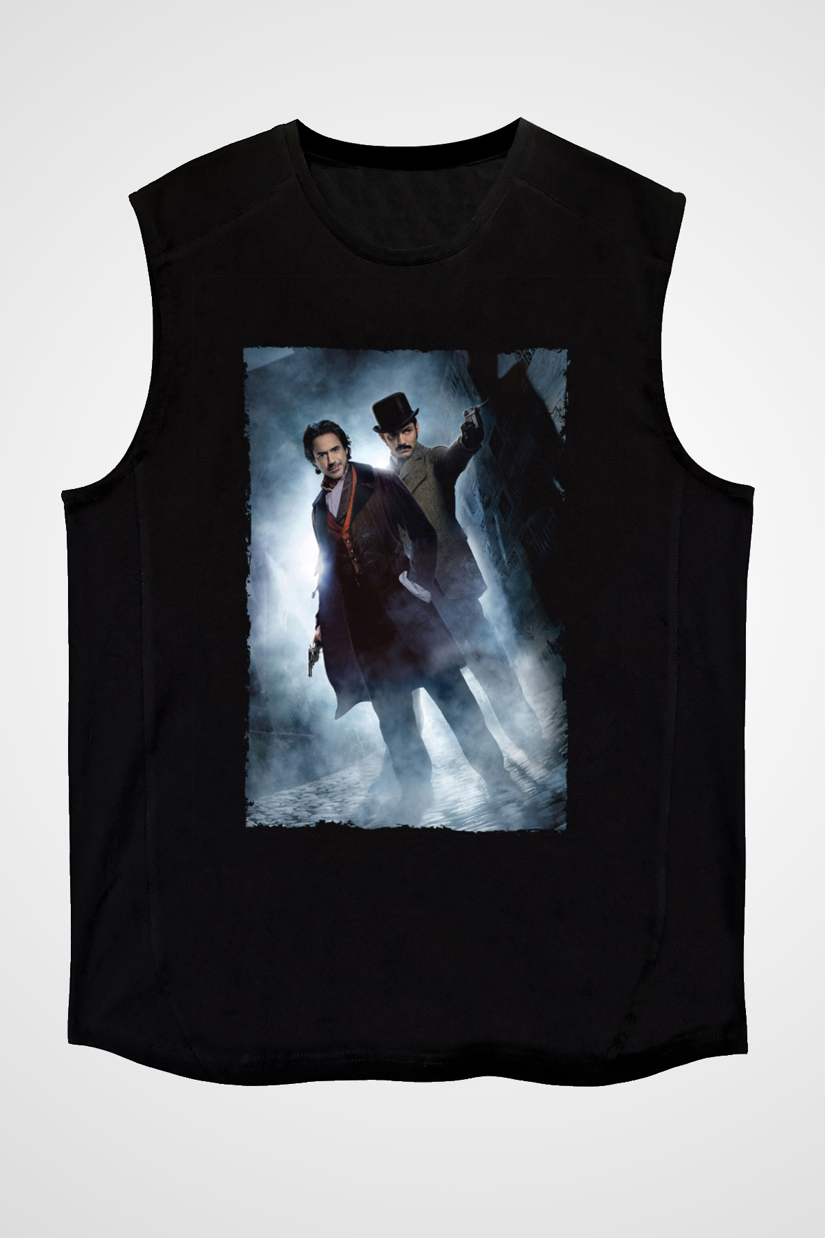 Unisex Sherlock Holmes Gölge Oyunları (Sherlock Holmes A Game of Shadows) Baskılı Siyah Kolsuz Tshirt