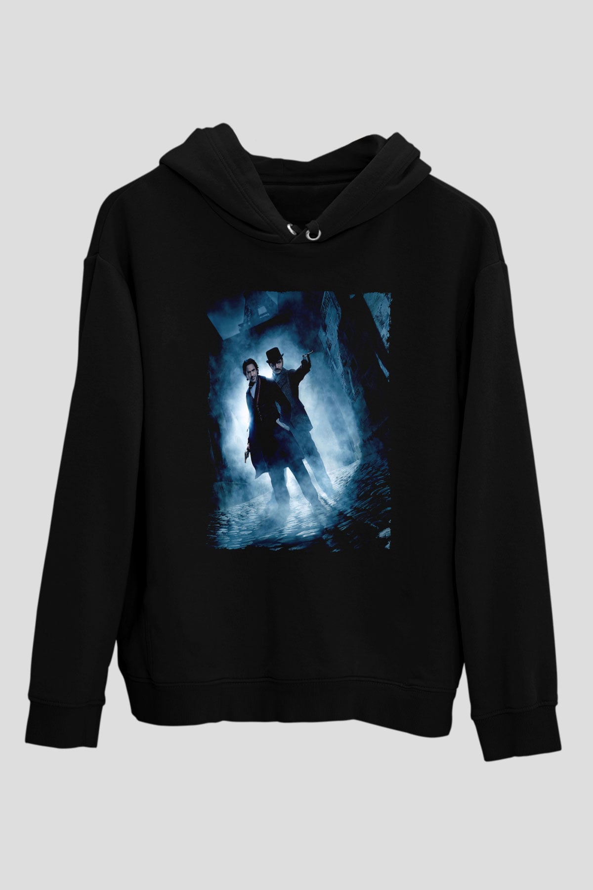 Unisex Sherlock Holmes Gölge Oyunları (Sherlock Holmes A Game of Shadows) Baskılı Siyah Kapüşonlu Sweatshirt