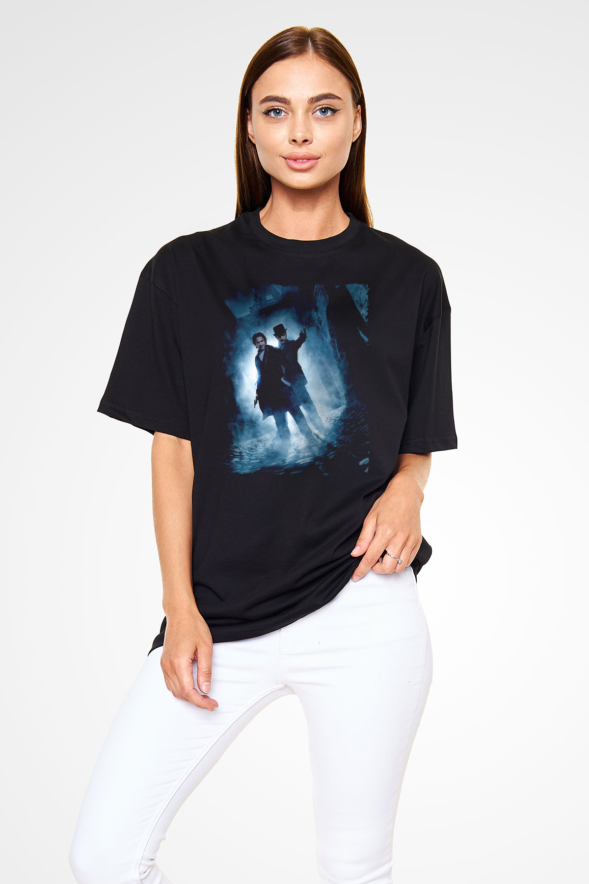 Unisex Sherlock Holmes Gölge Oyunları (Sherlock Holmes A Game of Shadows) Baskılı Siyah Oversize T-shirt