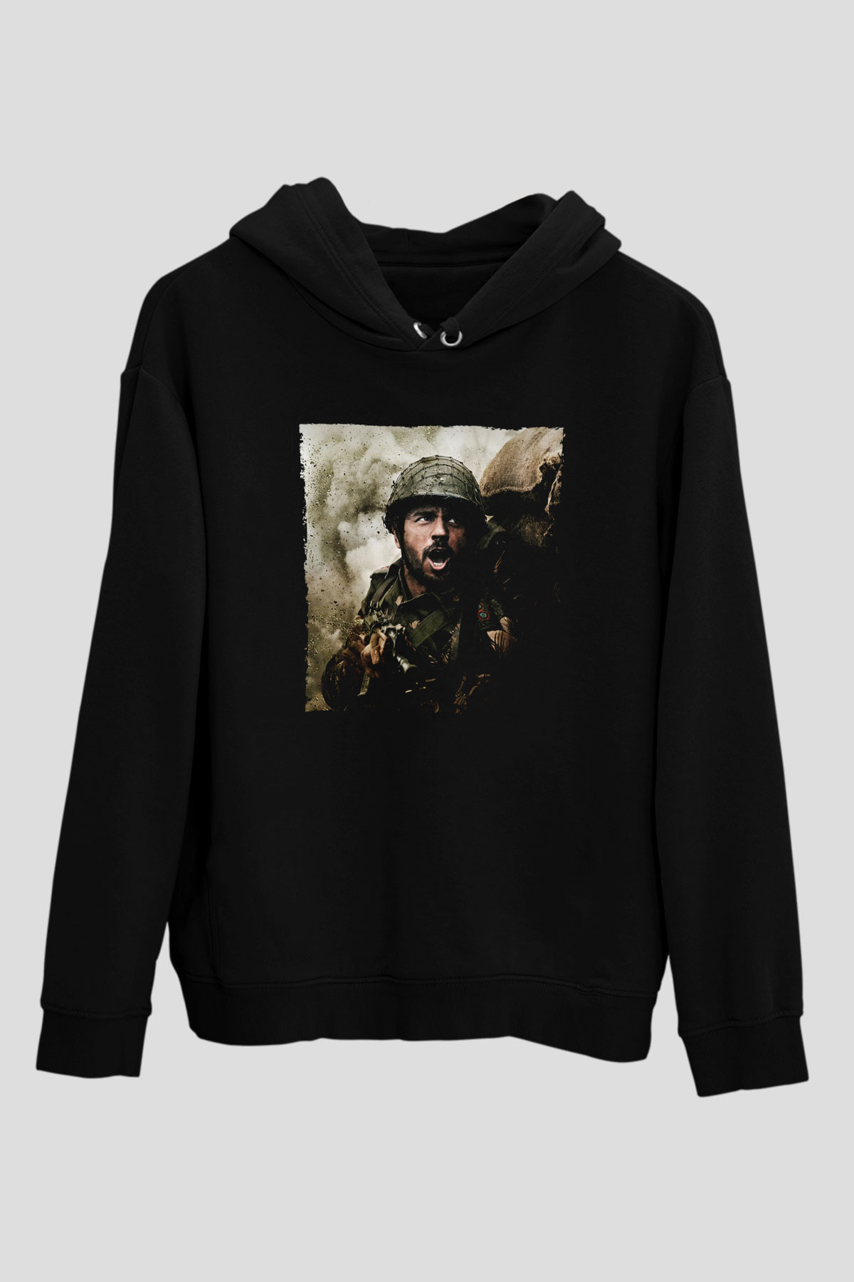 Unisex Shershaah Baskılı Siyah Kapüşonlu Sweatshirt