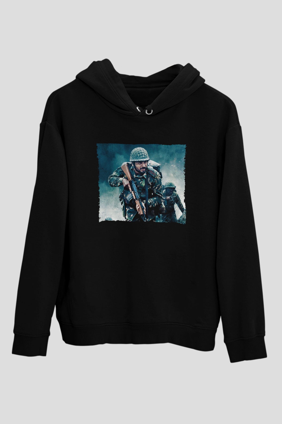 Unisex Shershaah Baskılı Siyah Kapüşonlu Sweatshirt