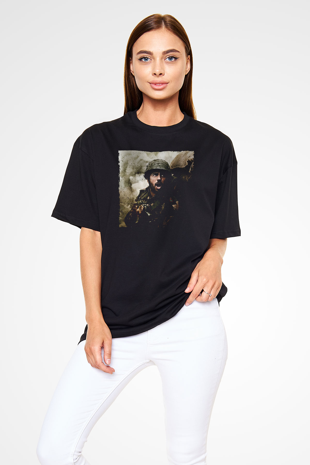 Unisex Shershaah Baskılı Siyah Oversize Tişört