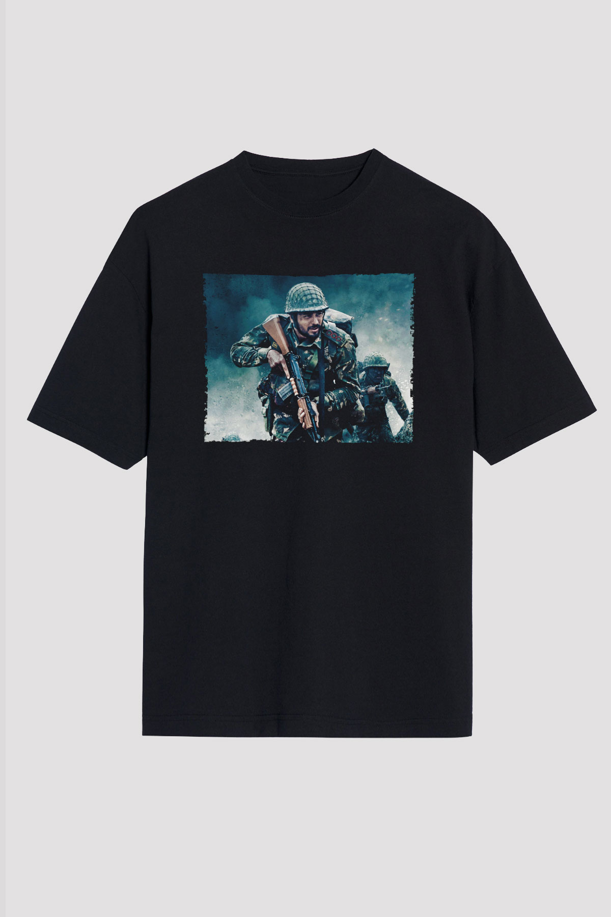 Unisex Shershaah Baskılı Siyah Oversize T-shirt