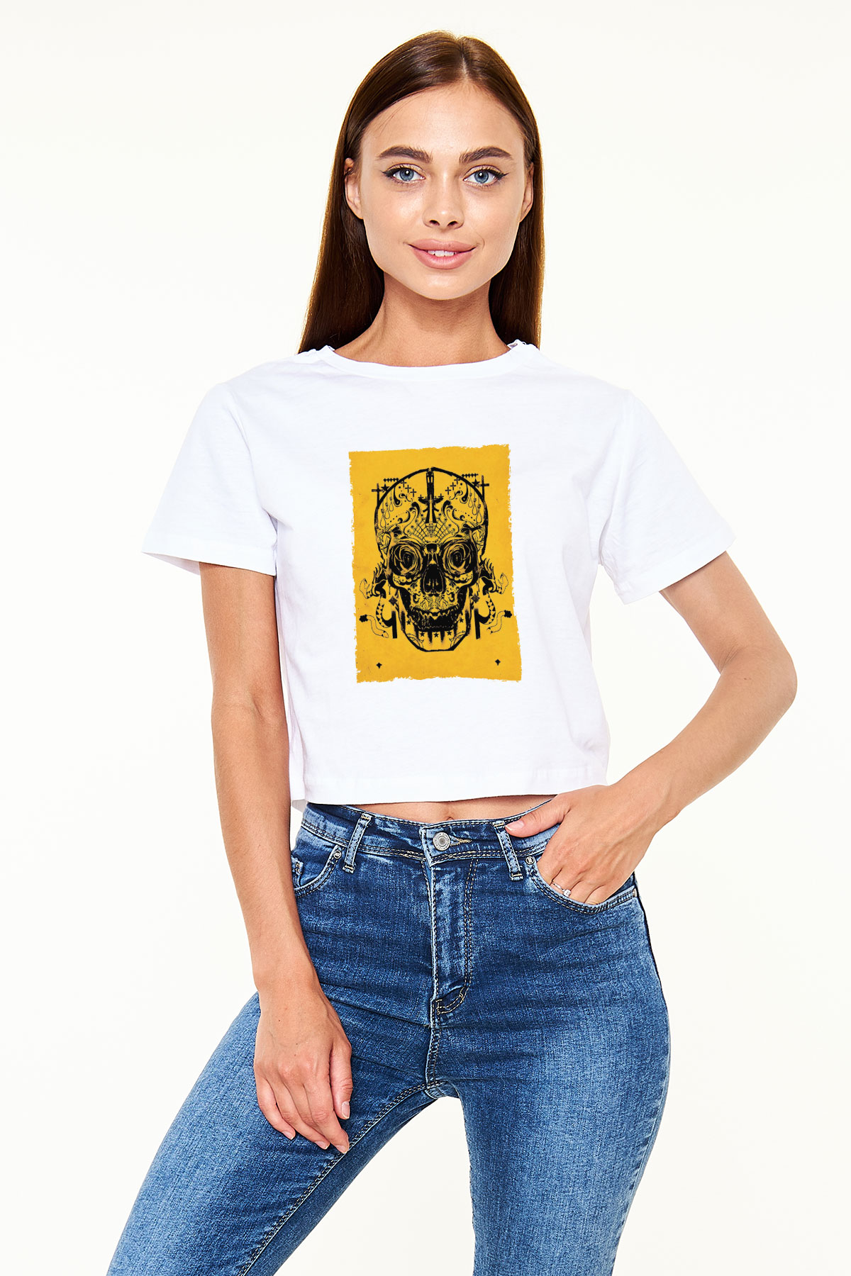 Unisex Sicario Baskılı Beyaz Crop Top Tshirt