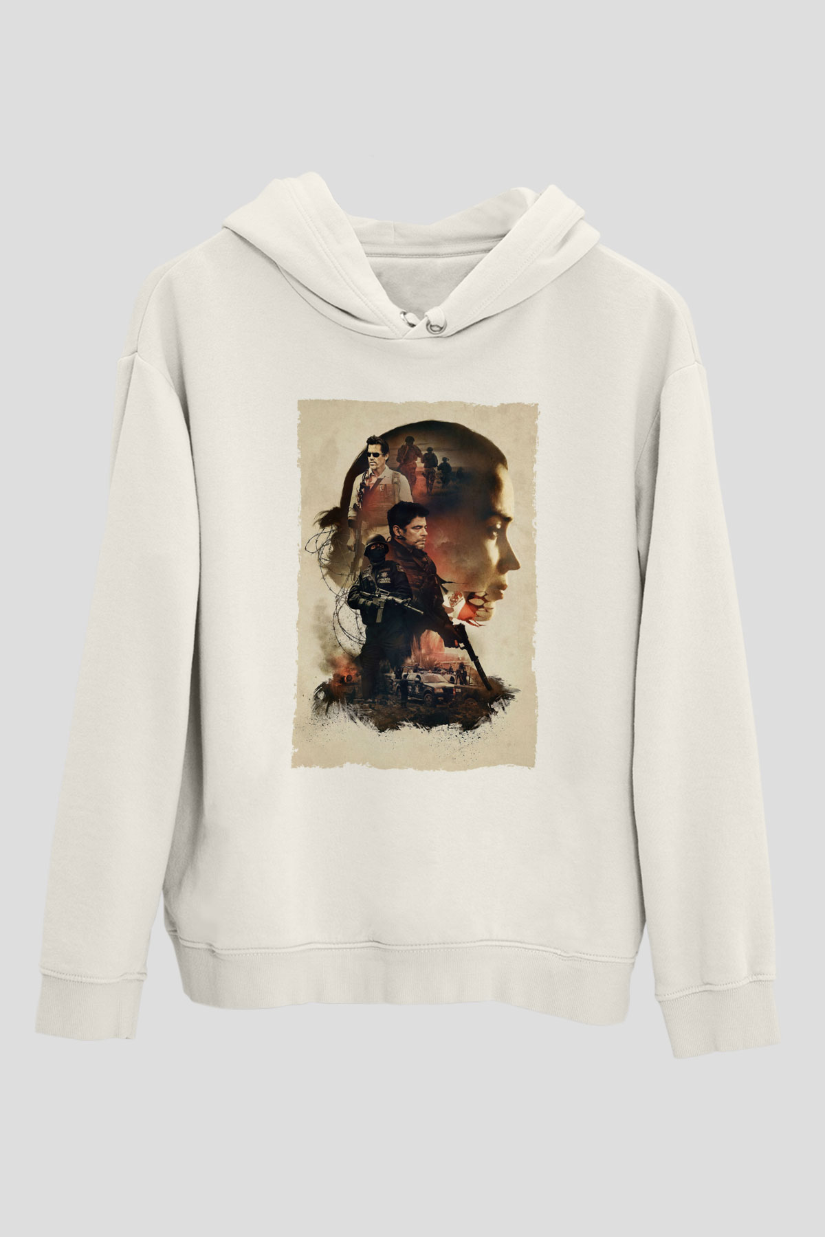 Unisex Sicario Baskılı Beyaz Kapüşonlu Sweatshirt