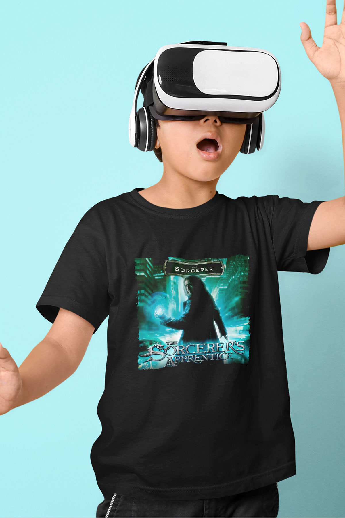 Unisex Sihirbazın Çırağı (The Sorcerers Apprentice) Baskılı Siyah Çocuk Tshirt