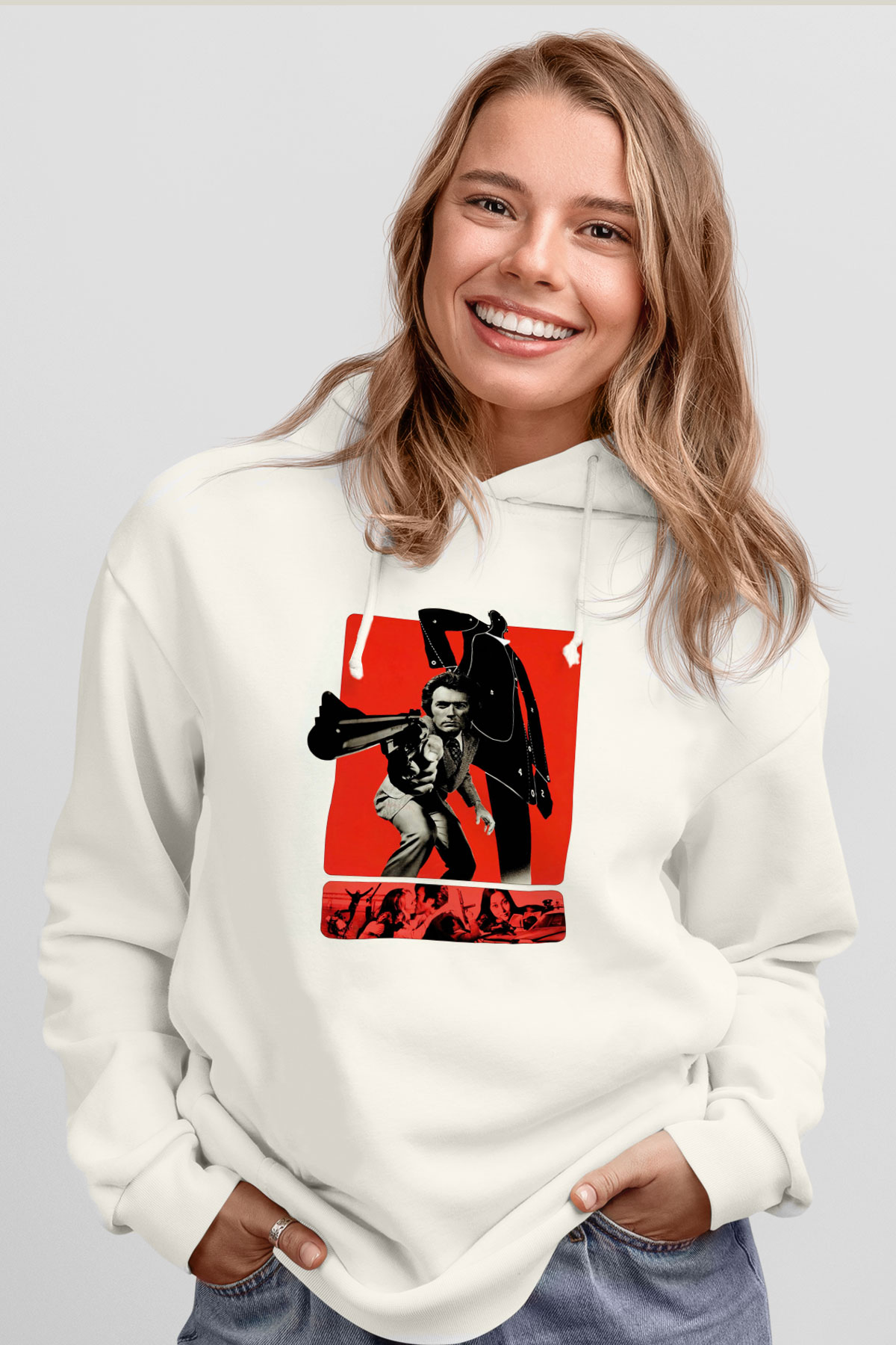 Unisex Silahın Gücü (Magnum Force) Baskılı Beyaz Kapüşonlu Sweatshirt