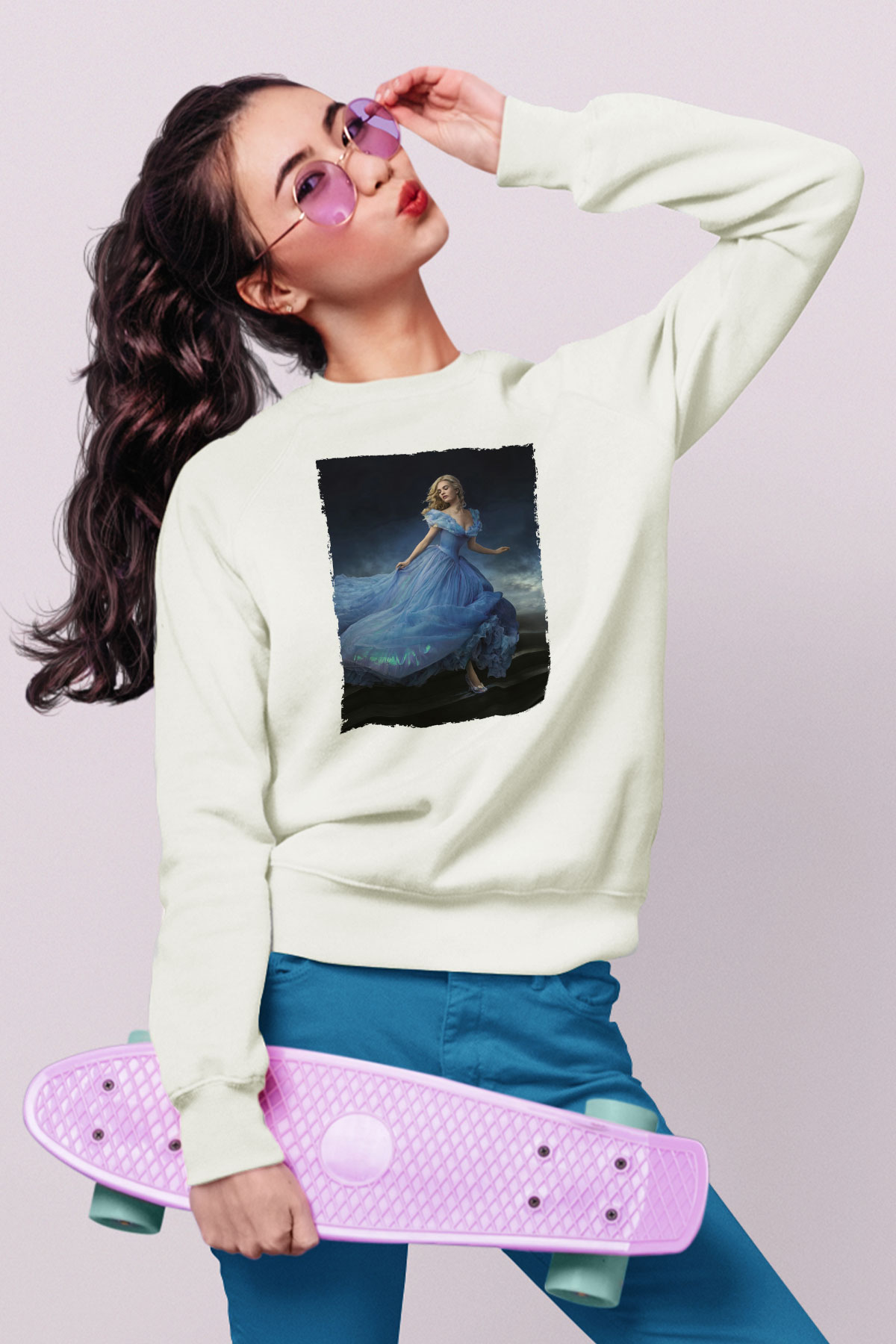 Unisex Sindirella - Cinderella Baskılı Beyaz Sweatshirt