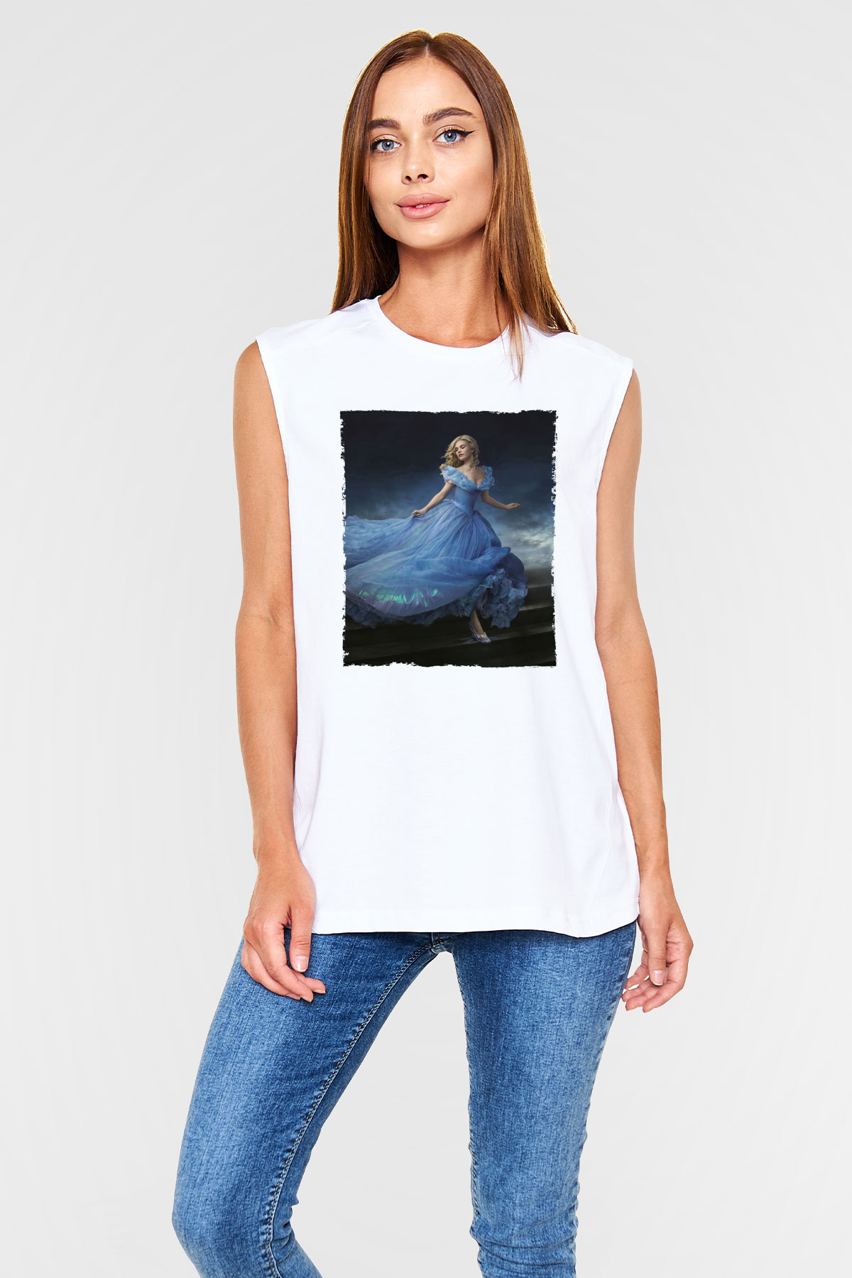 Unisex Sindirella - Cinderella Baskılı Beyaz Kolsuz Tişört