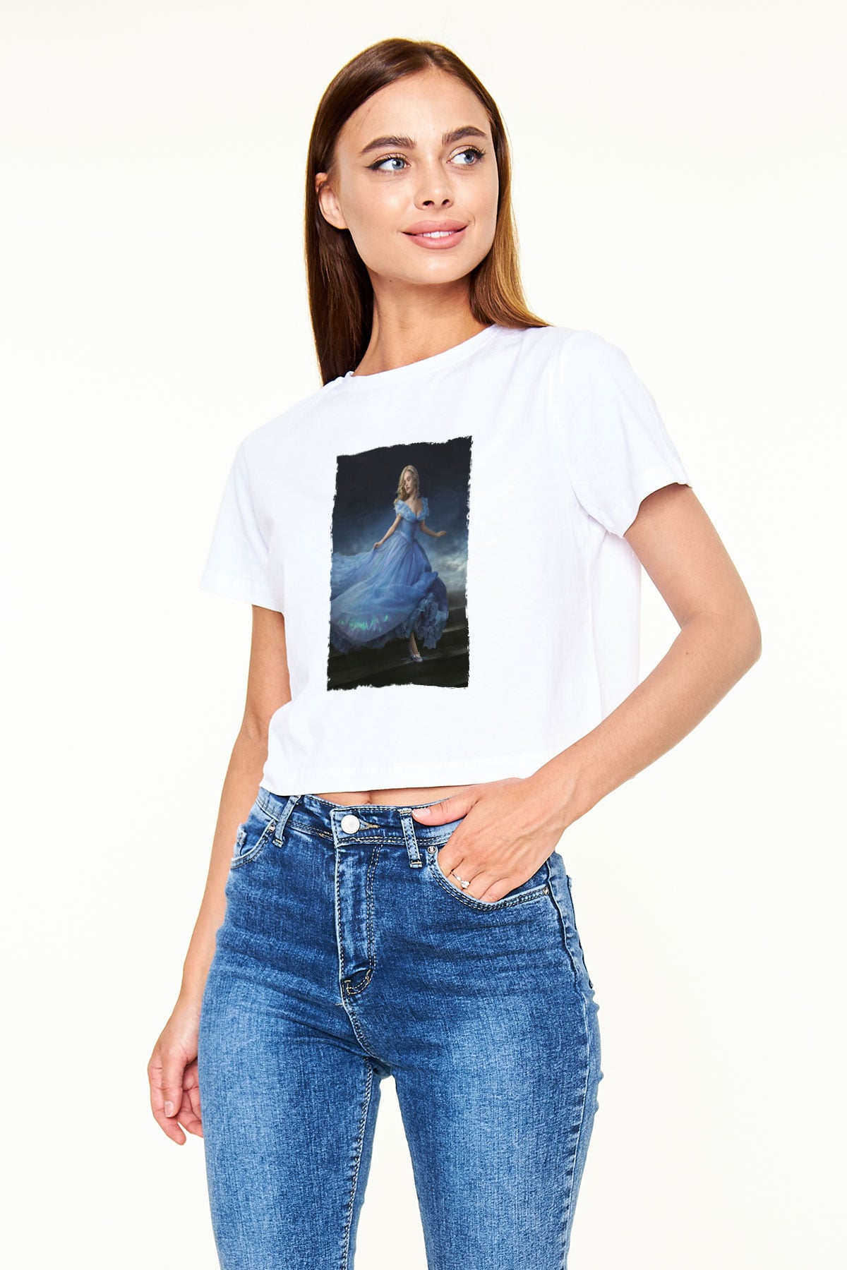Unisex Sindirella - Cinderella Baskılı Beyaz Crop Top Tişört