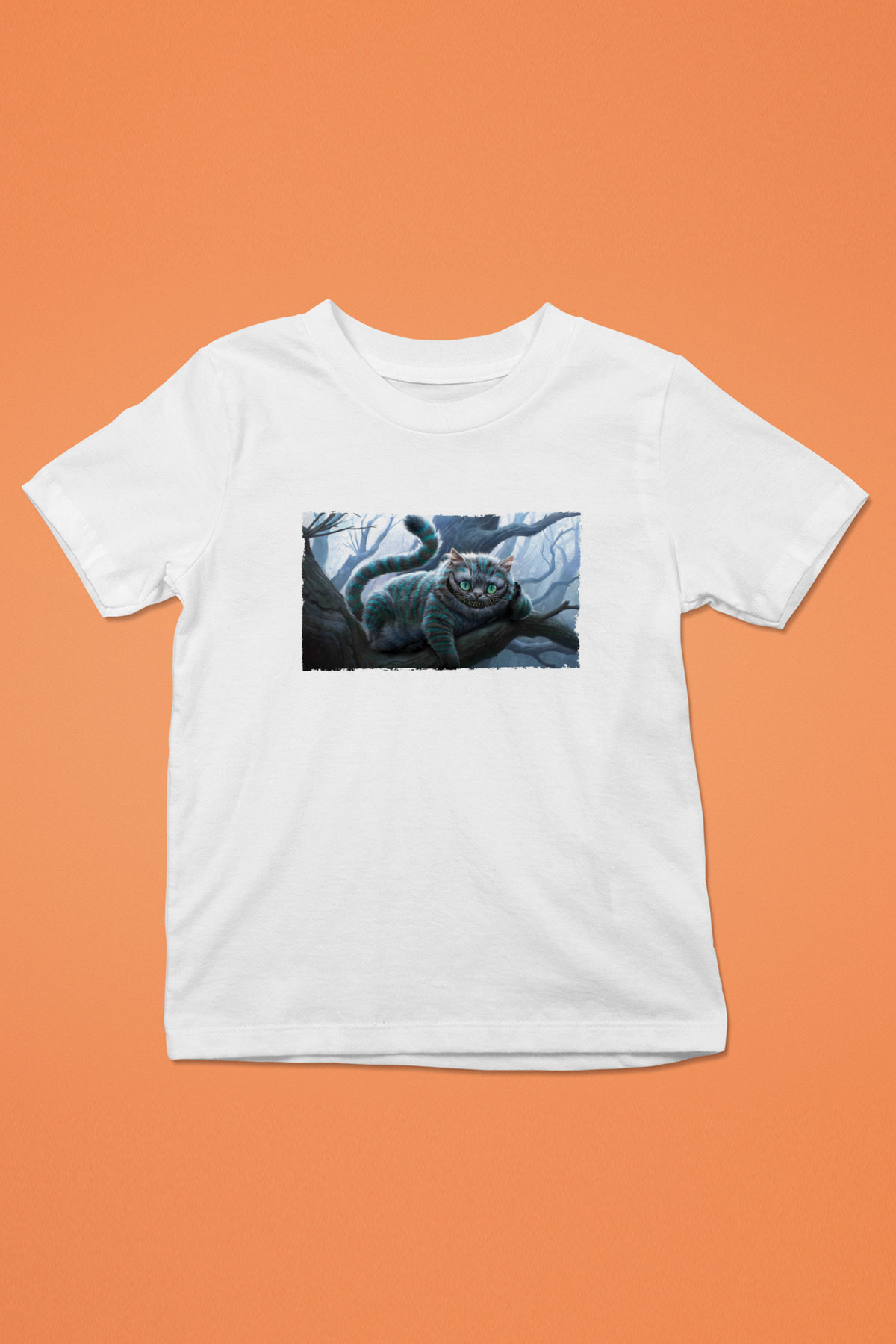 Unisex Sırıtan Kedi - Cheshire Cat Baskılı Beyaz Çocuk Tişört