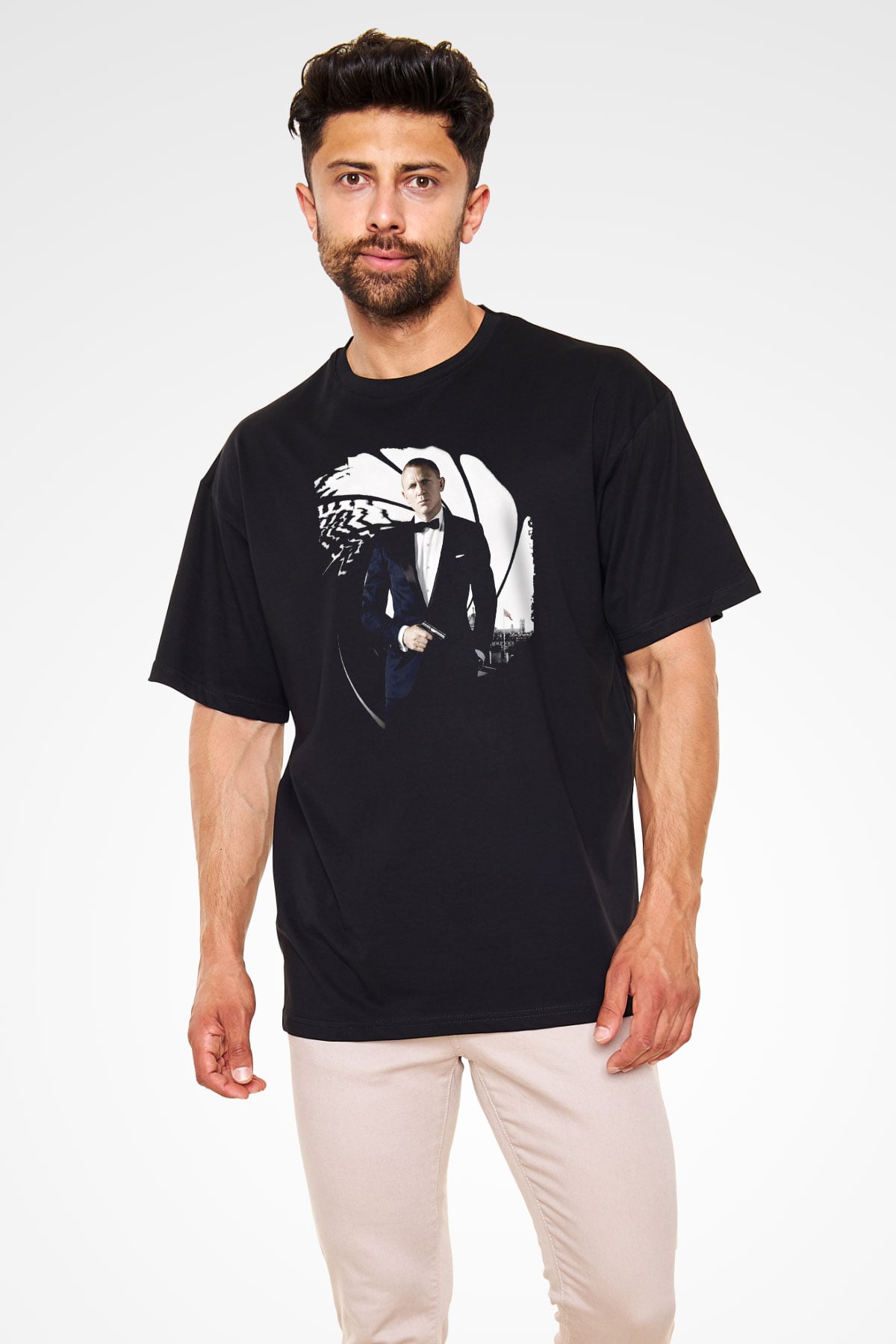 Unisex Skyfall Baskılı Siyah Oversize Tişört