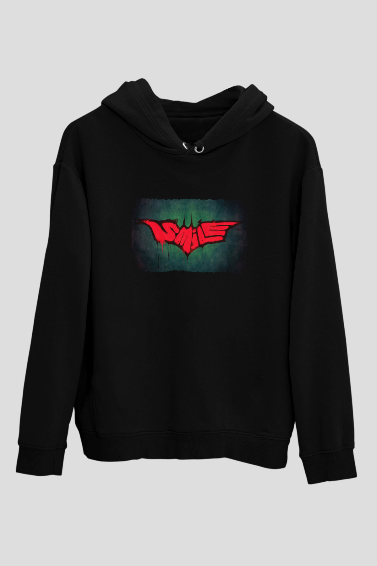 Unisex Smile Baskılı Siyah Kapüşonlu Sweatshirt