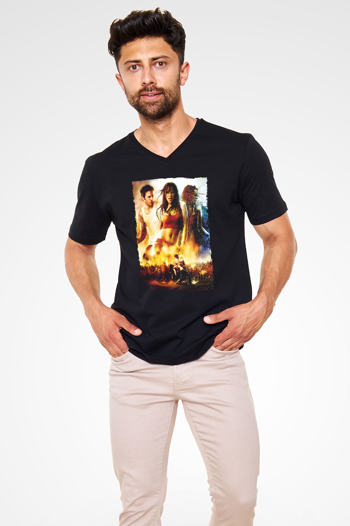 Unisex Sokak Dansı (Step Up 2 The Streets) Baskılı Siyah V Yaka Tshirt