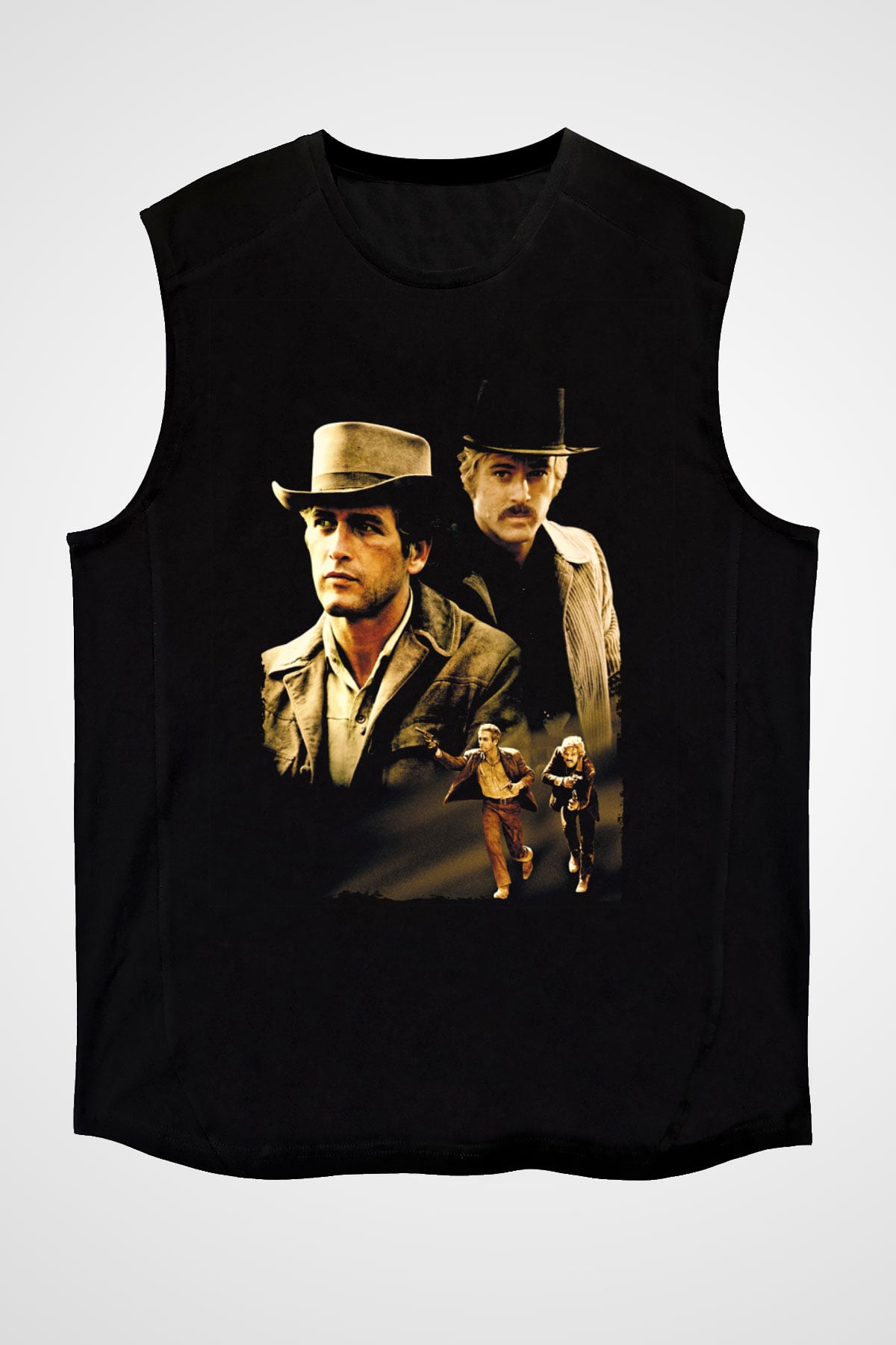 Unisex Sonsuz Ölüm (Butch Cassidy and the Sundance Kid) Baskılı Siyah Kolsuz Tişört