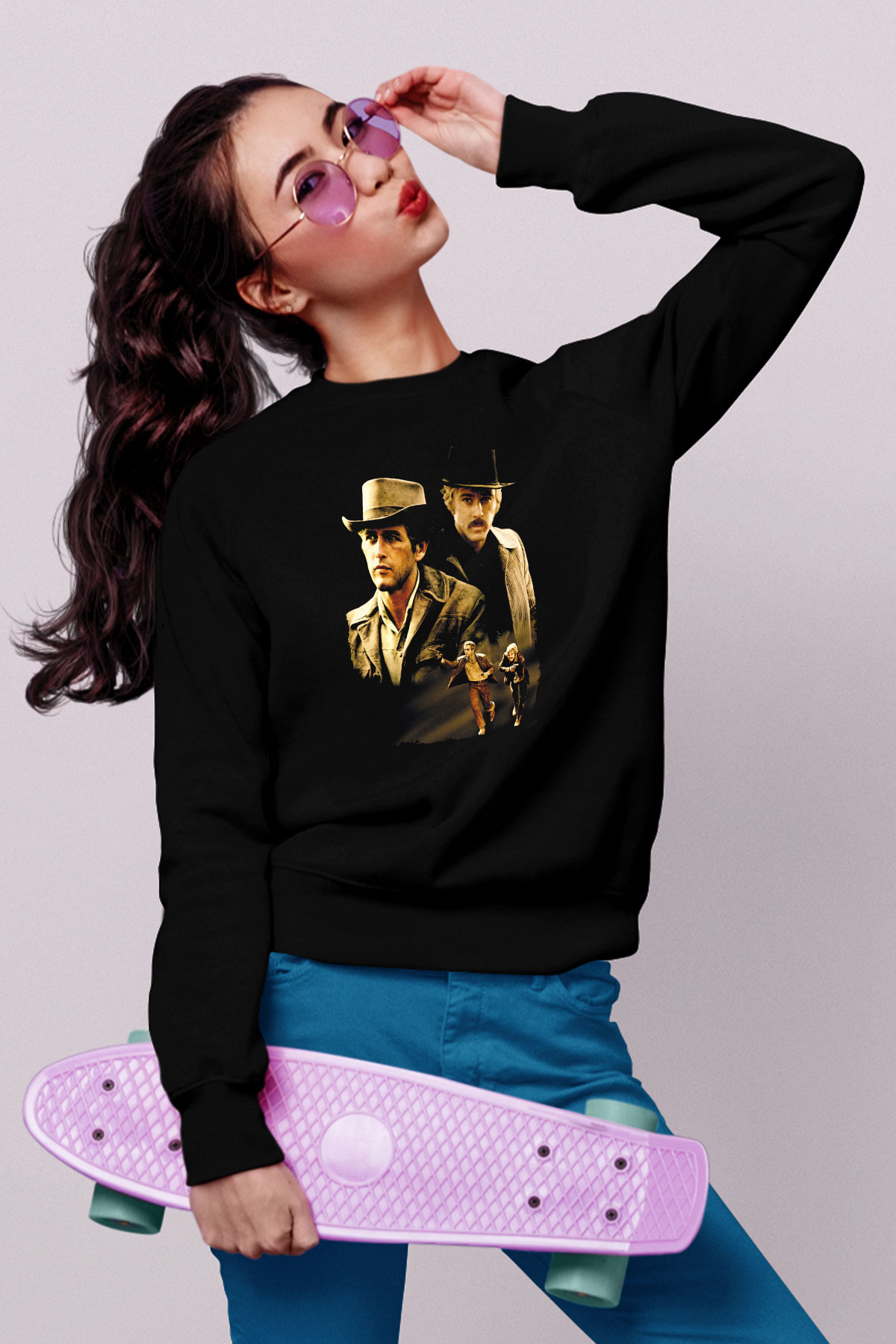 Unisex Sonsuz Ölüm (Butch Cassidy and the Sundance Kid) Baskılı Siyah Sweatshirt