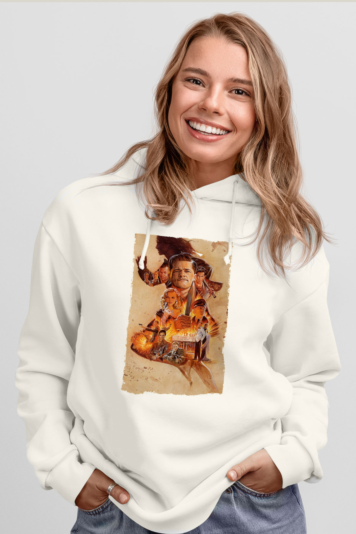 Unisex Soysuzlar Çetesi (Inglourious Basterds) Baskılı Beyaz Kapüşonlu Sweatshirt