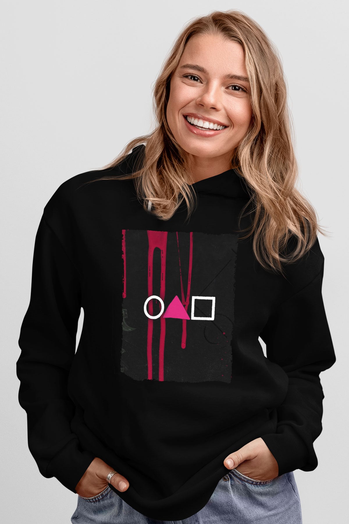 Unisex Squid Game Baskılı Siyah Kapüşonlu Sweatshirt