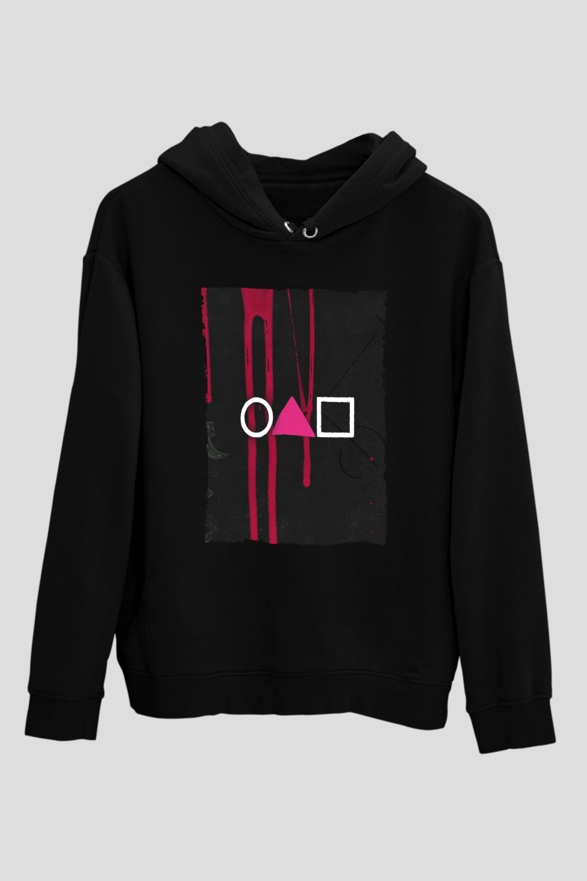 Unisex Squid Game Baskılı Siyah Kapüşonlu Sweatshirt