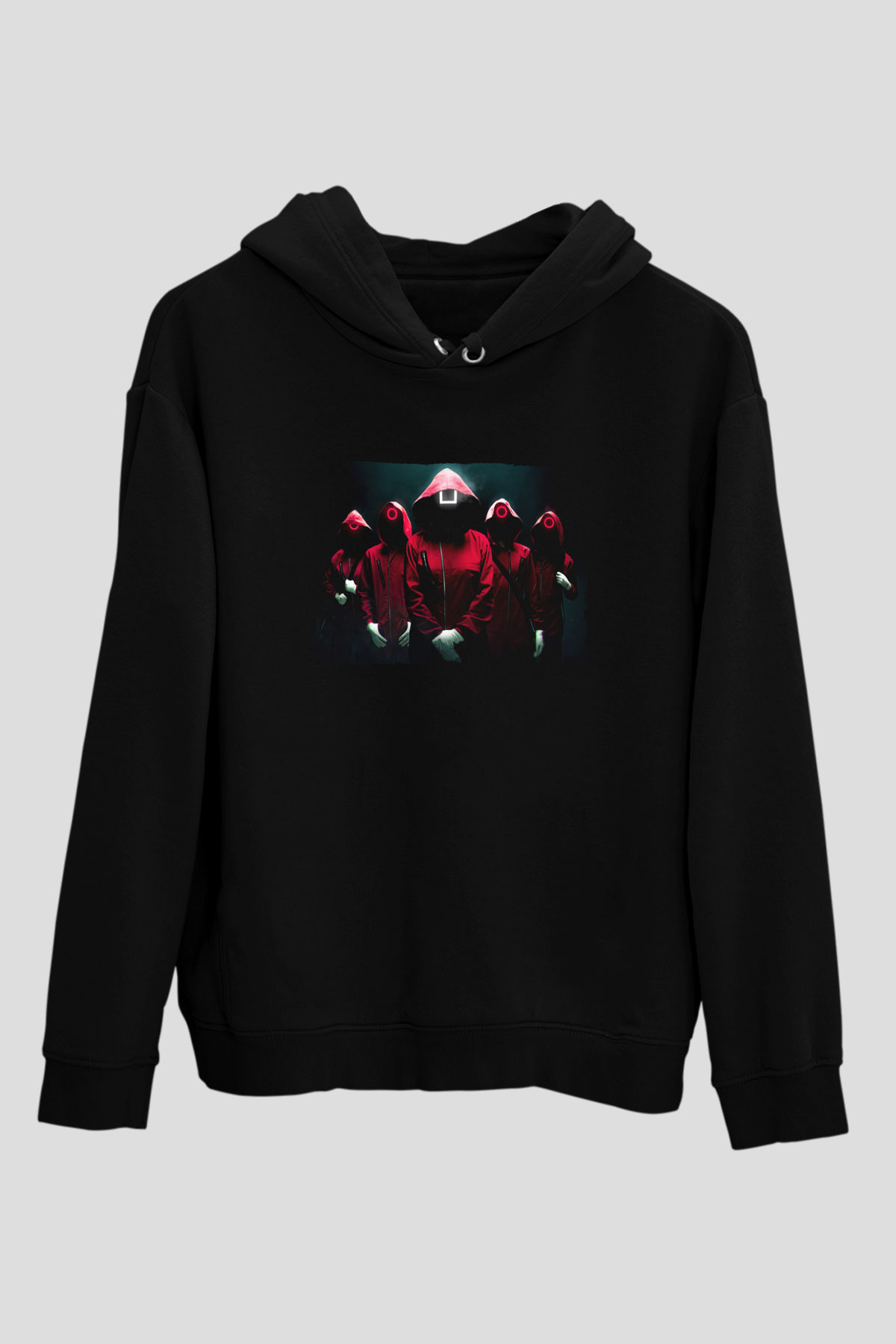 Unisex Squid Game Baskılı Siyah Kapüşonlu Sweatshirt