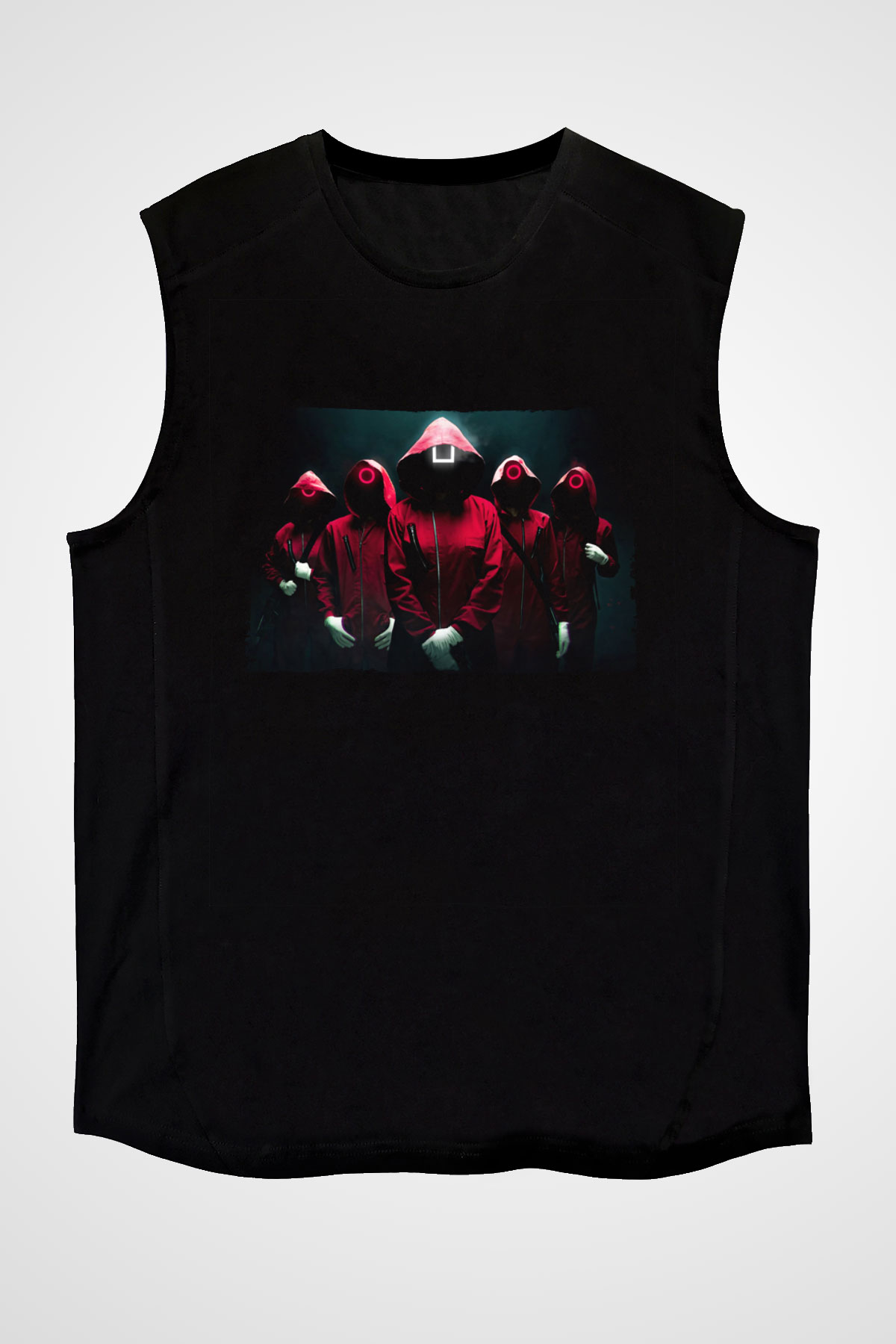 Unisex Squid Game Baskılı Siyah Kolsuz T-shirt