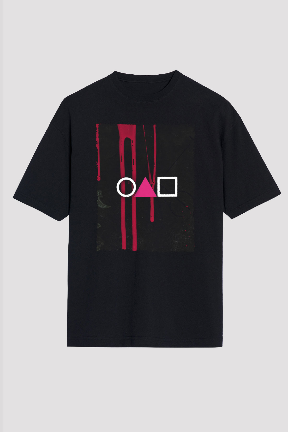 Unisex Squid Game Baskılı Siyah Oversize Tişört