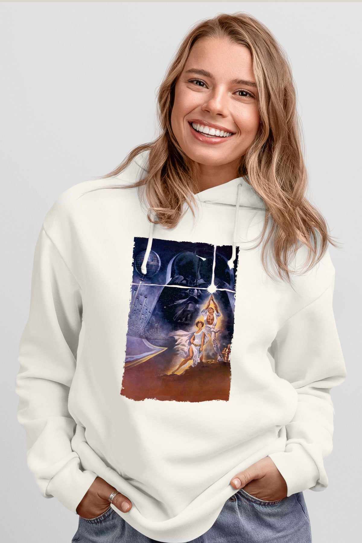 Unisex Star Wars Baskılı Beyaz Kapüşonlu Sweatshirt