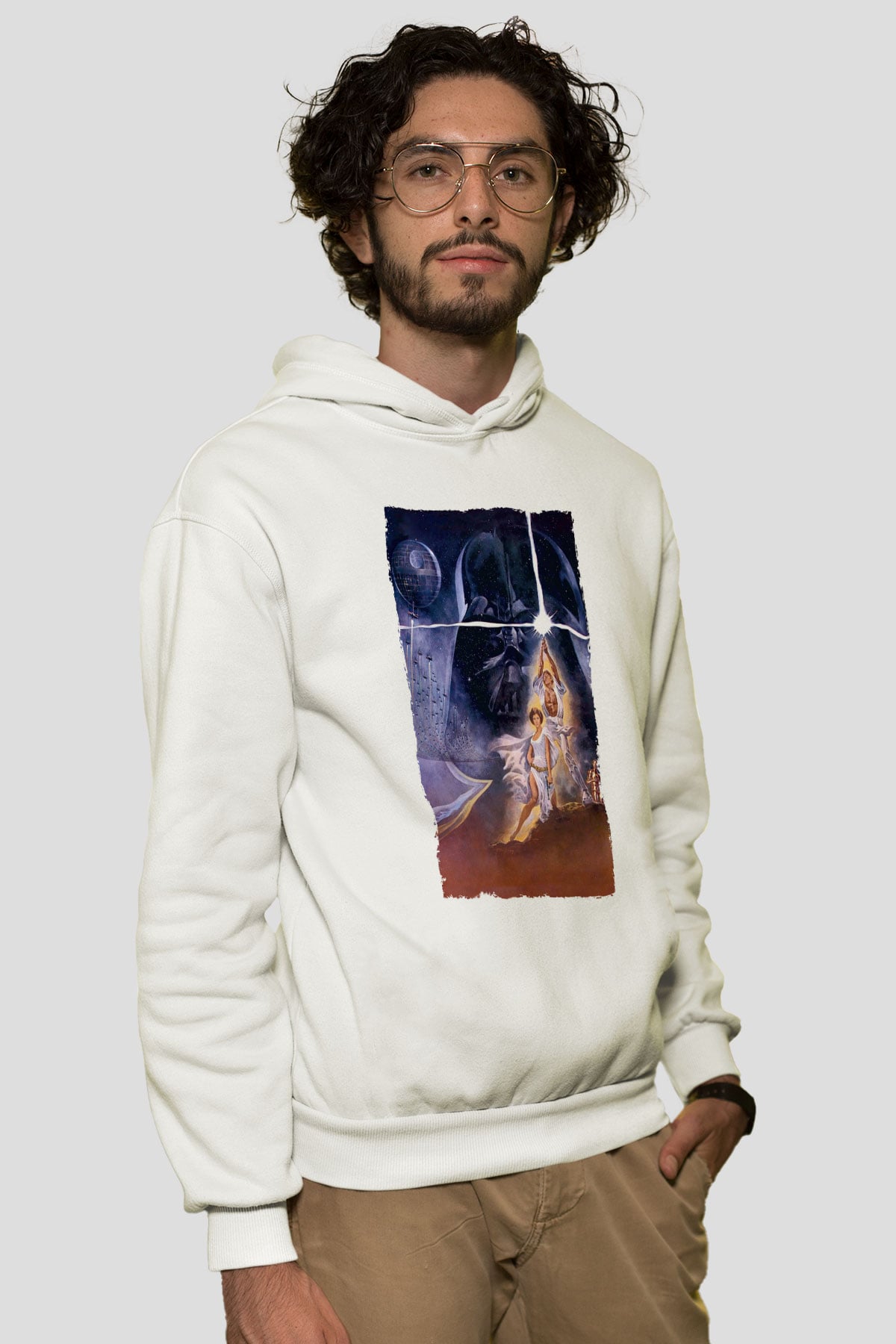 Unisex Star Wars Baskılı Beyaz Kapüşonlu Sweatshirt