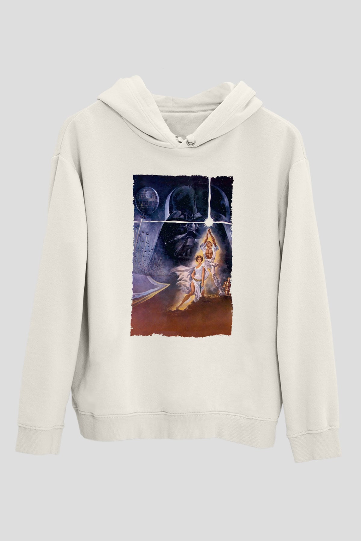 Unisex Star Wars Baskılı Beyaz Kapüşonlu Sweatshirt