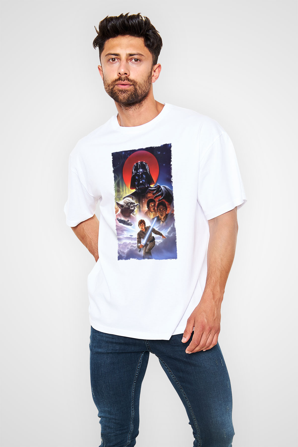 Unisex Star Wars İmparatorun Dönüşü (The Empire Strikes Back) Baskılı Beyaz Oversize T-shirt