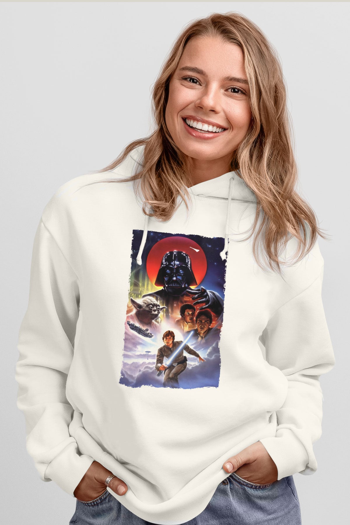 Unisex Star Wars İmparatorun Dönüşü (The Empire Strikes Back) Baskılı Beyaz Kapüşonlu Sweatshirt