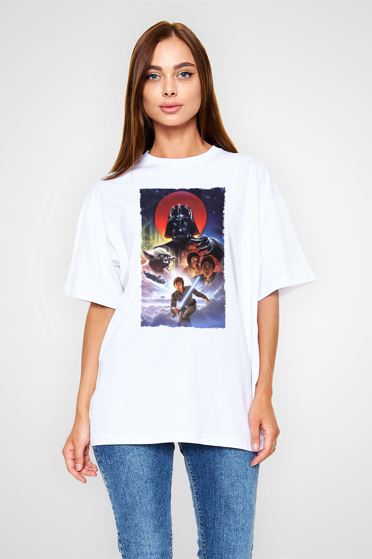 Unisex Star Wars İmparatorun Dönüşü (The Empire Strikes Back) Baskılı Beyaz Oversize T-shirt