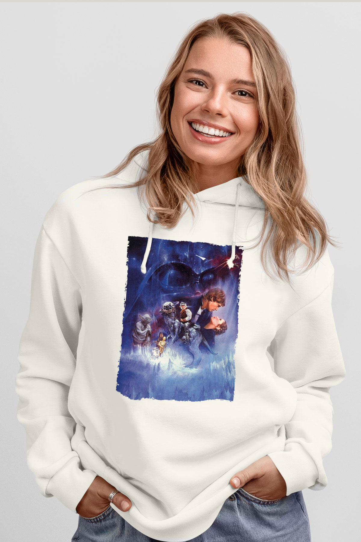 Unisex Star Wars İmparatorun Dönüşü (The Empire Strikes Back) Baskılı Beyaz Kapüşonlu Sweatshirt