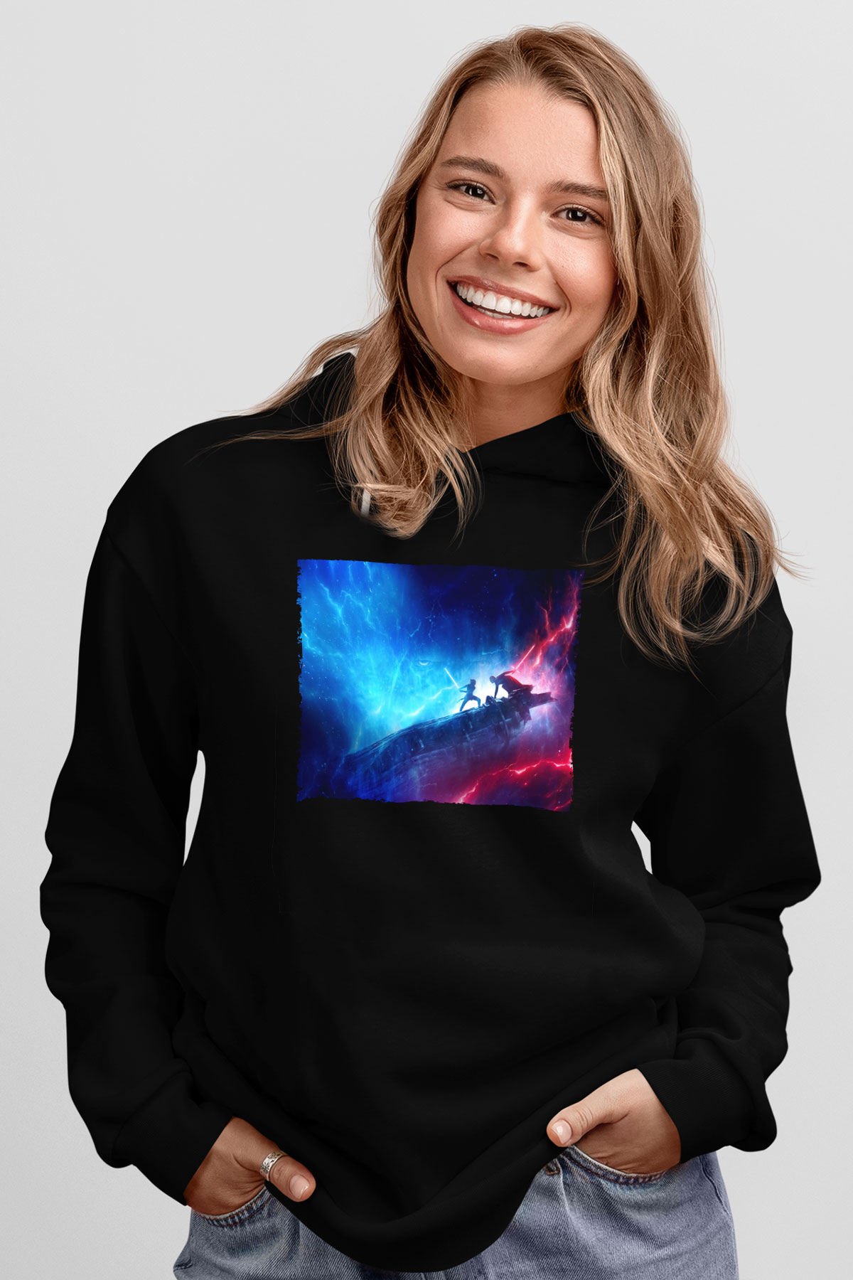 Unisex Star Wars Skywalkerın Yükselişi (Star Wars The Rise of Skywalker) Baskılı Siyah Kapüşonlu Sweatshirt