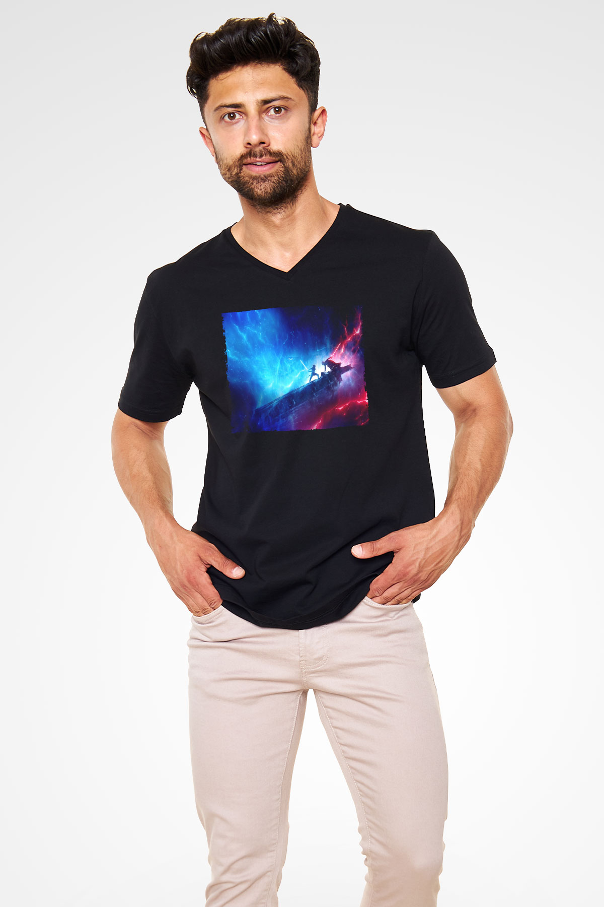 Unisex Star Wars Skywalkerın Yükselişi (Star Wars The Rise of Skywalker) Baskılı Siyah V Yaka Tişört