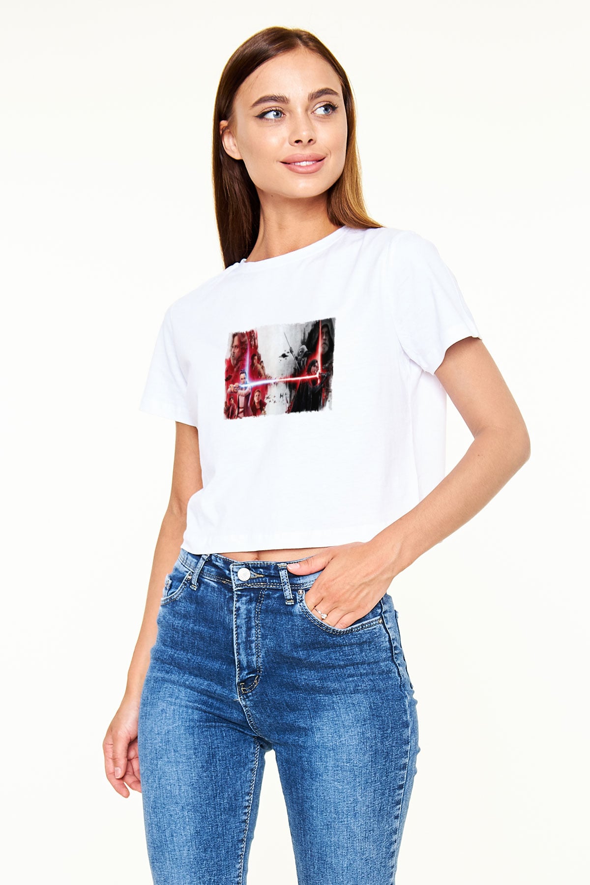 Unisex Star Wars Son Jedi Baskılı Beyaz Crop Top Tişört