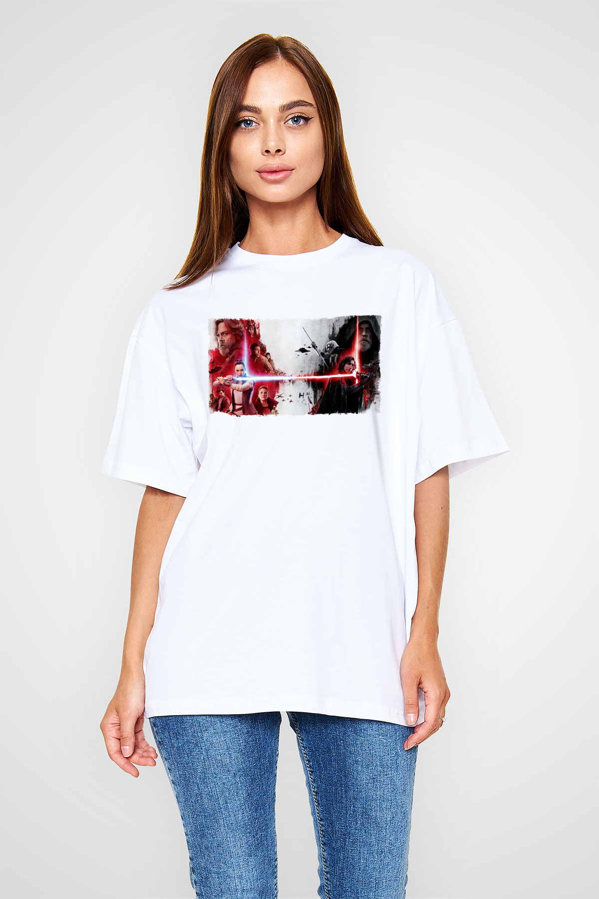 Unisex Star Wars Son Jedi Baskılı Beyaz Oversize Tişört