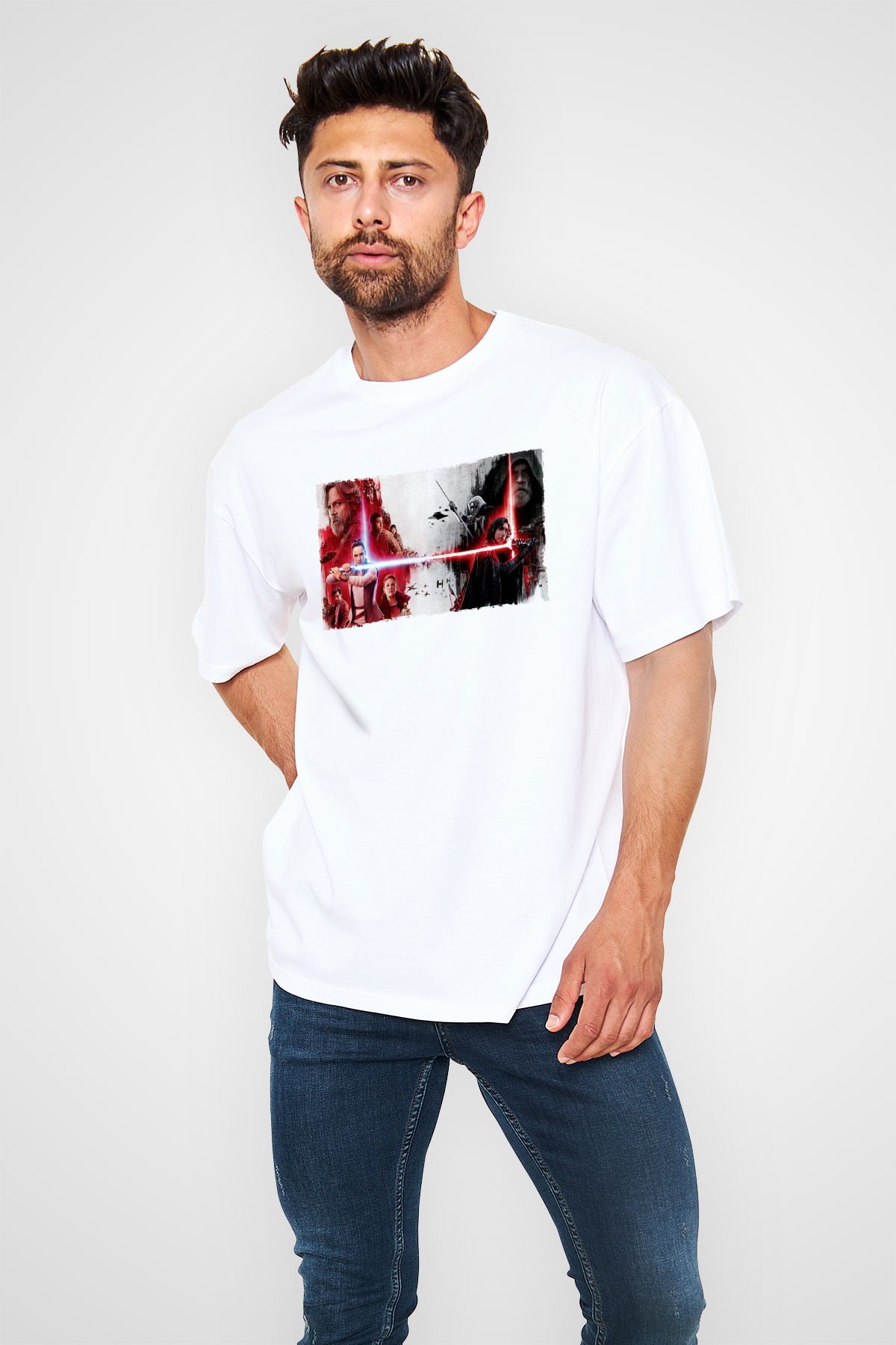 Unisex Star Wars Son Jedi Baskılı Beyaz Oversize Tişört