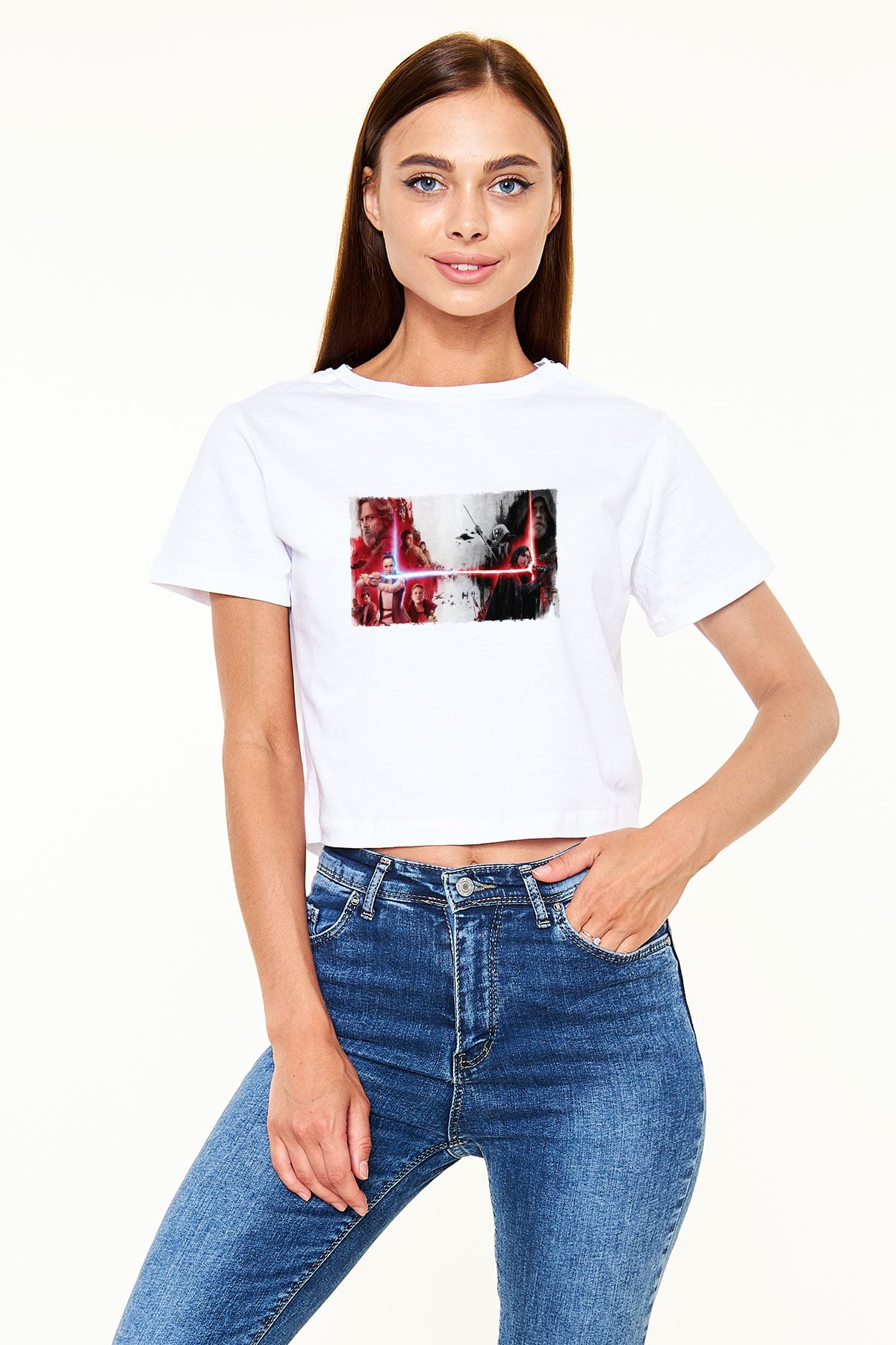 Unisex Star Wars Son Jedi Baskılı Beyaz Crop Top Tişört