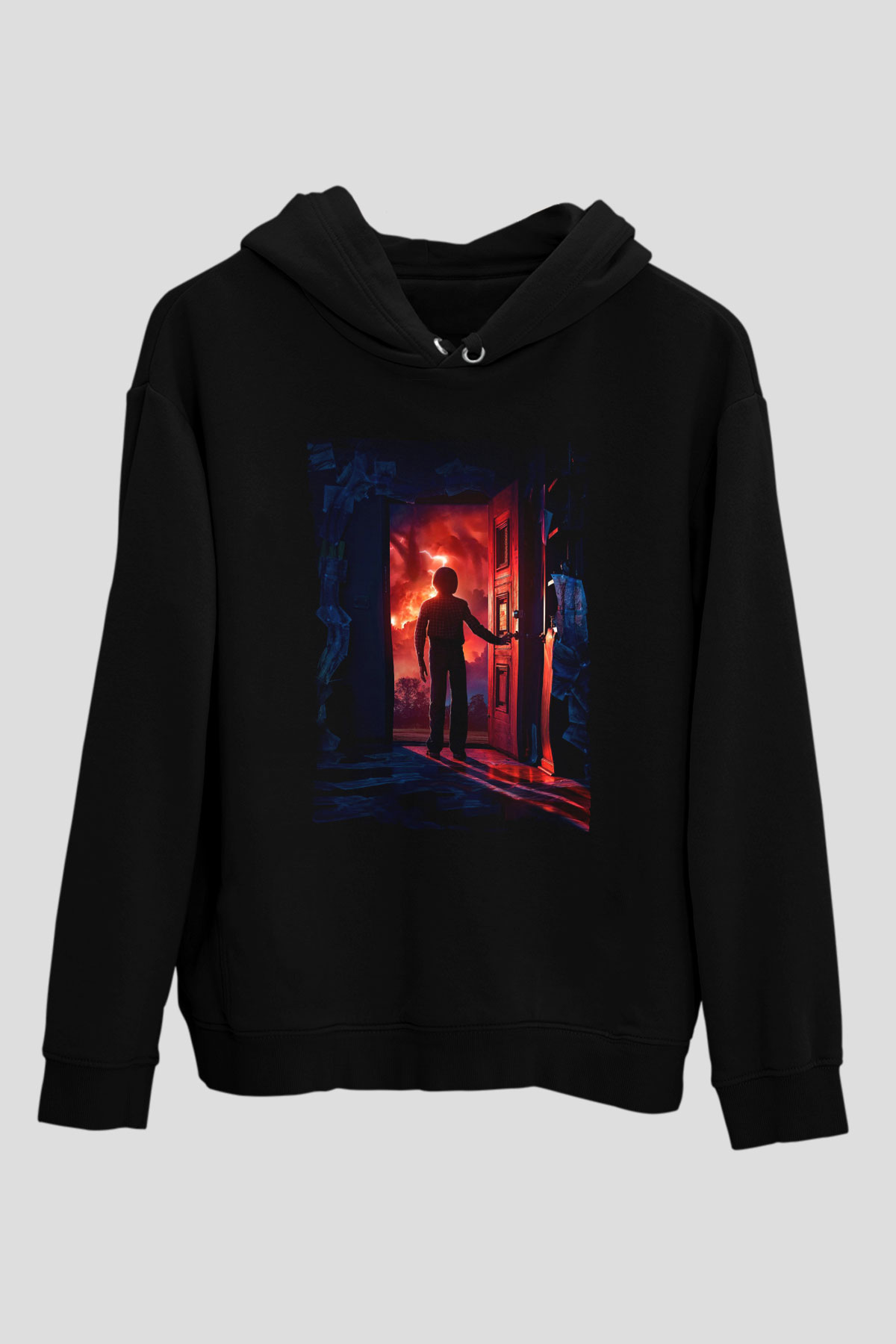 Unisex Stranger Things Baskılı Siyah Kapüşonlu Sweatshirt