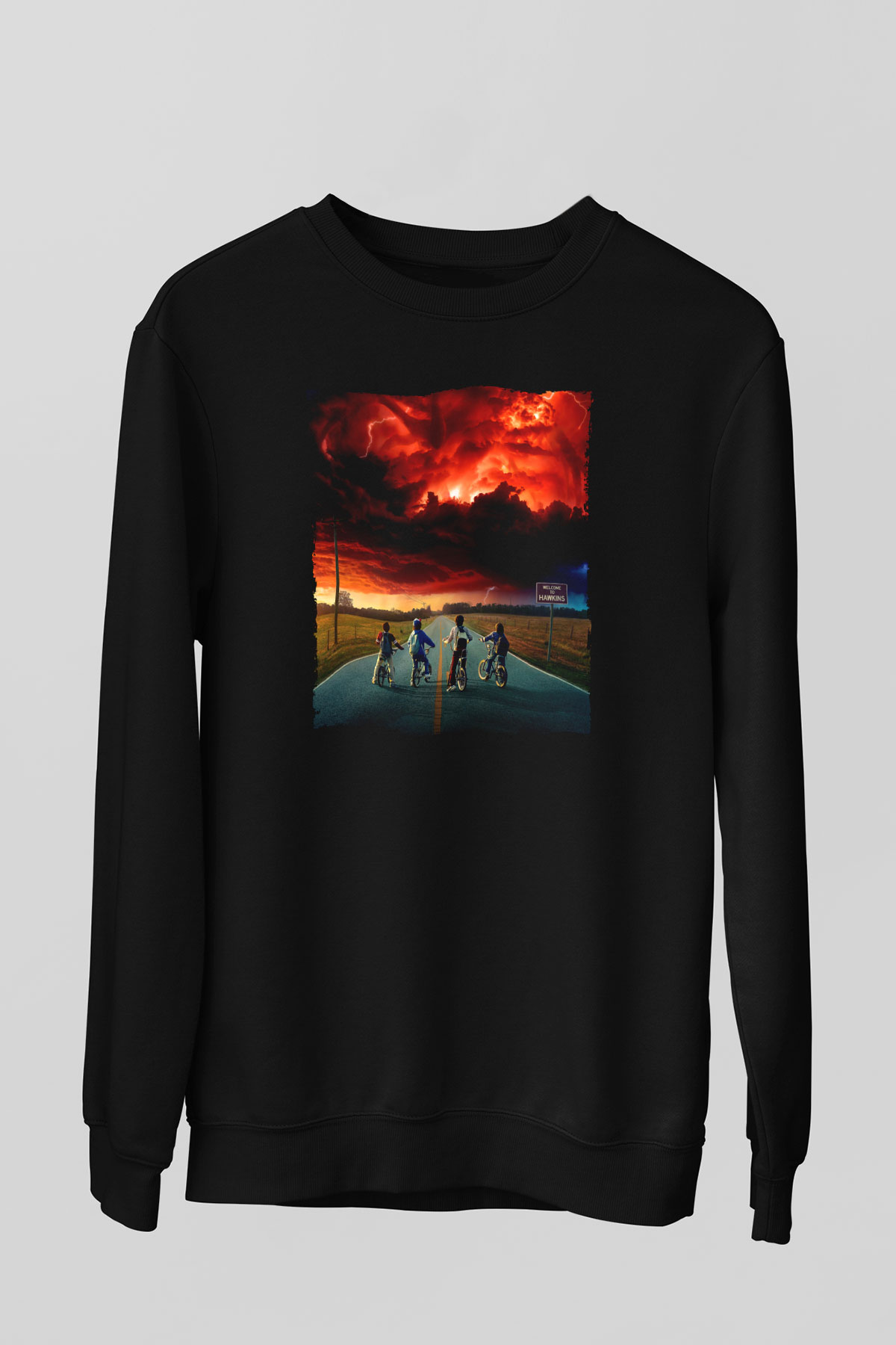 Unisex Stranger Things Baskılı Siyah Sweatshirt