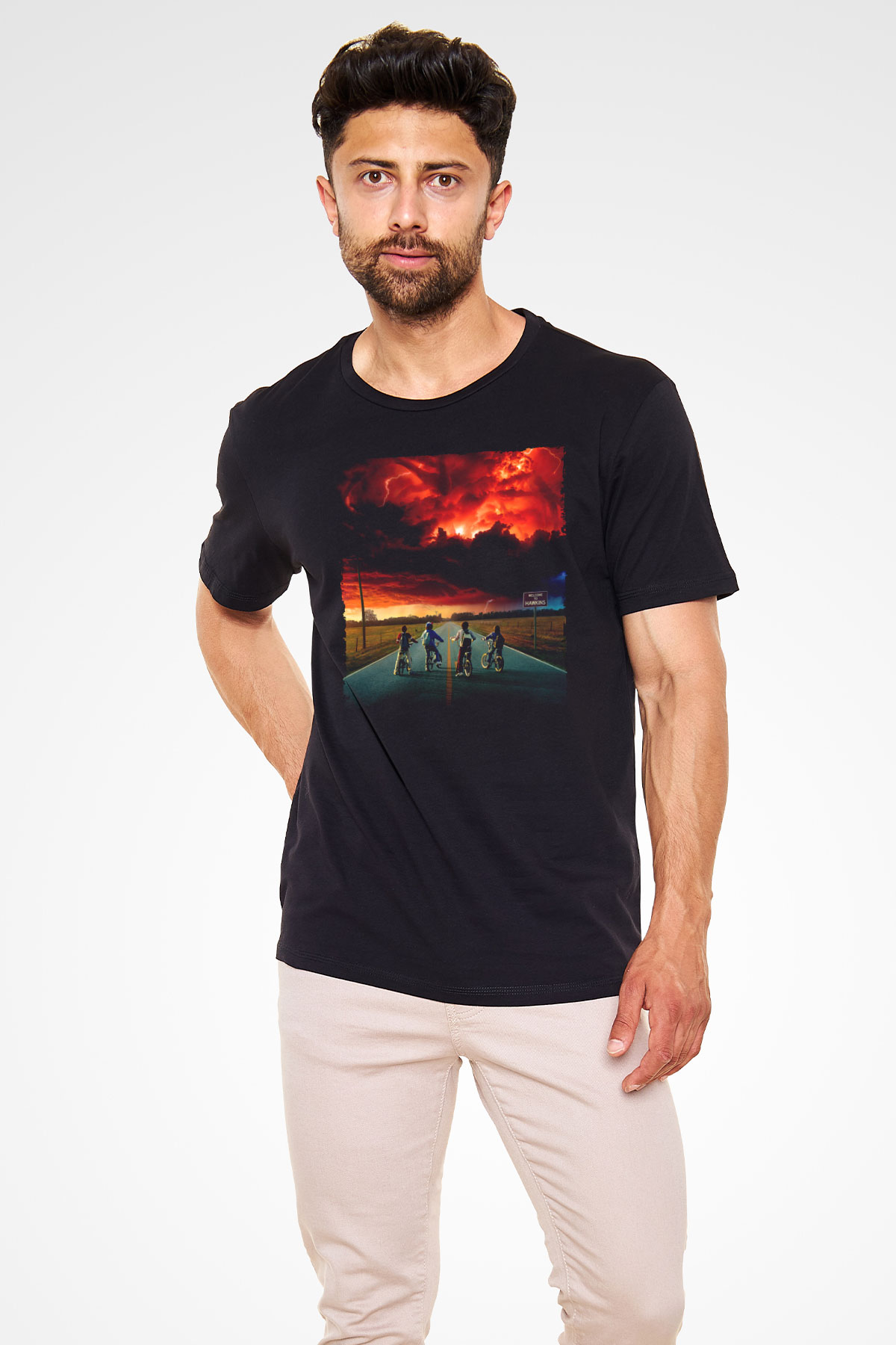 Stranger Things Baskılı Siyah T-Shirt