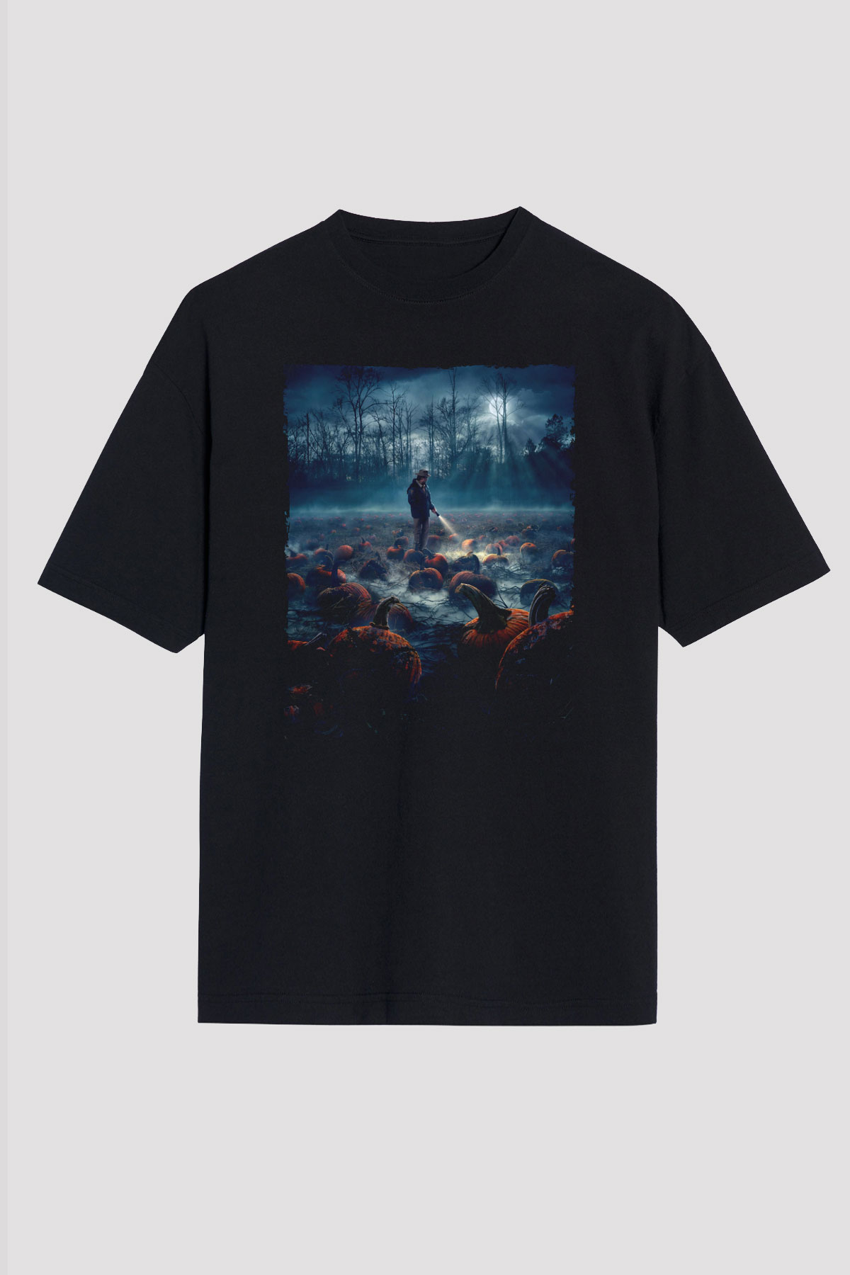 Unisex Stranger Things Baskılı Siyah Unisex Oversize T-shirt