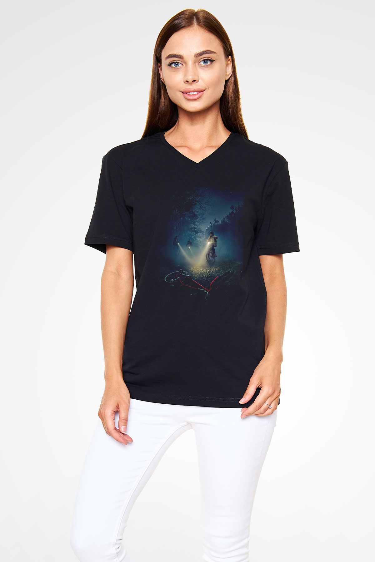 Unisex Stranger Things Baskılı Siyah V Yaka Tişört