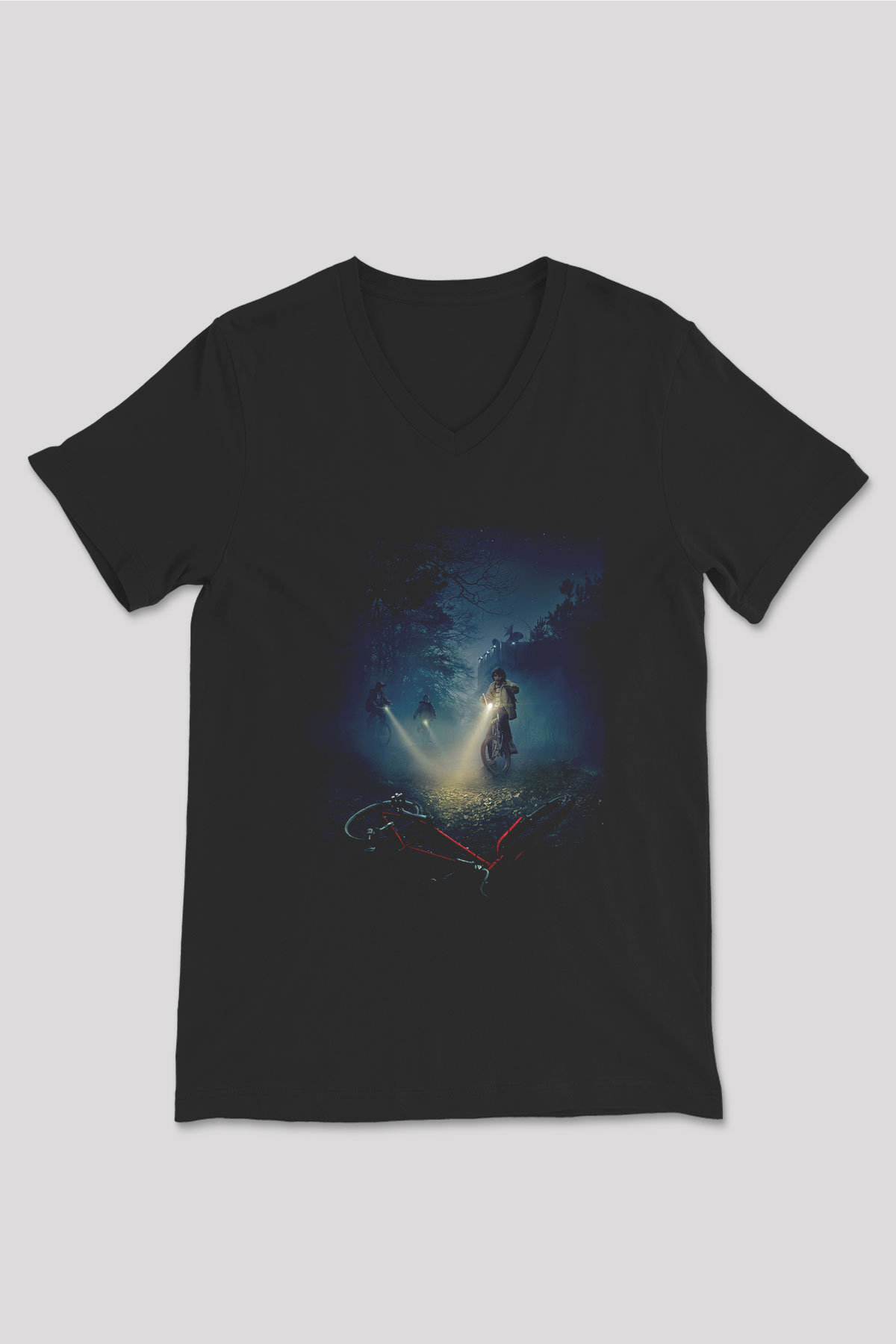 Unisex Stranger Things Baskılı Siyah V Yaka Tişört