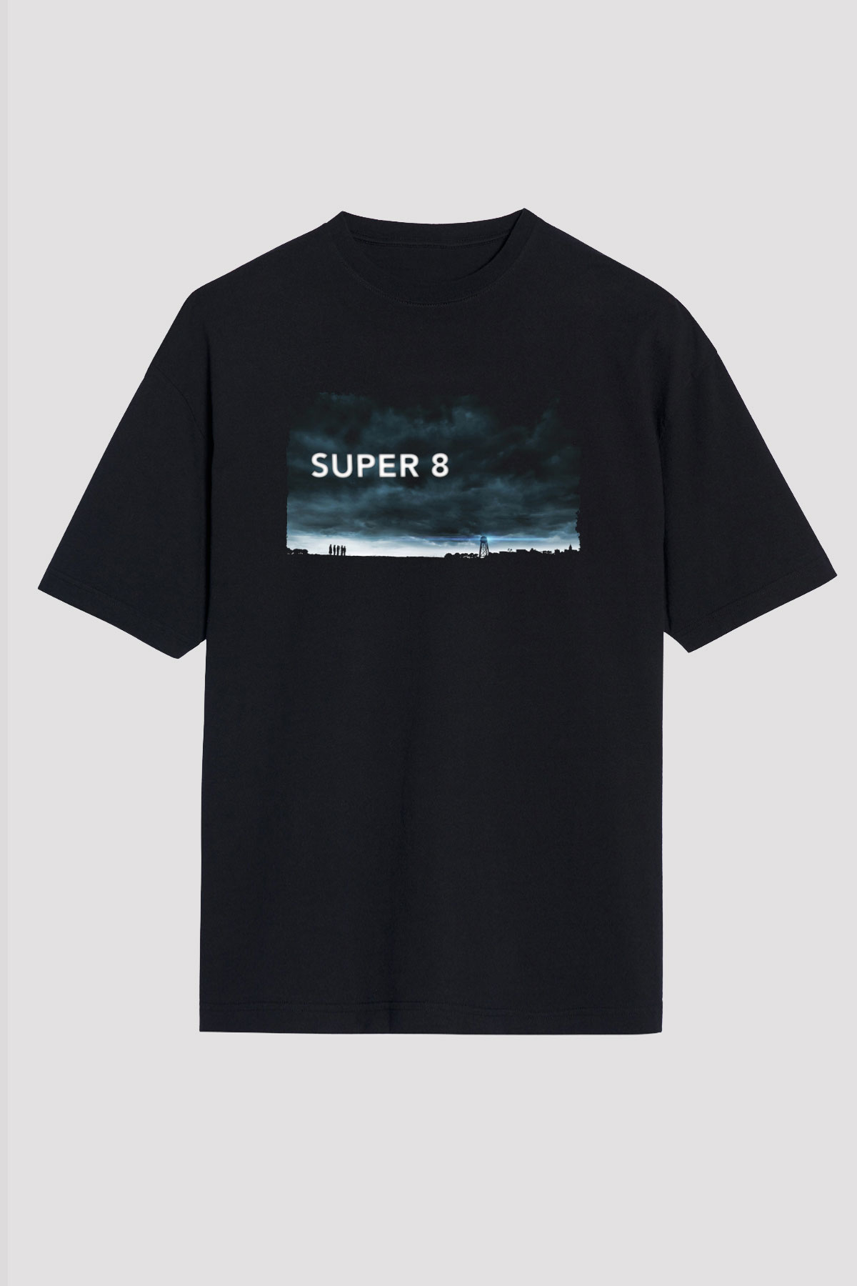 Unisex Super 8 Baskılı Siyah Oversize T-shirt