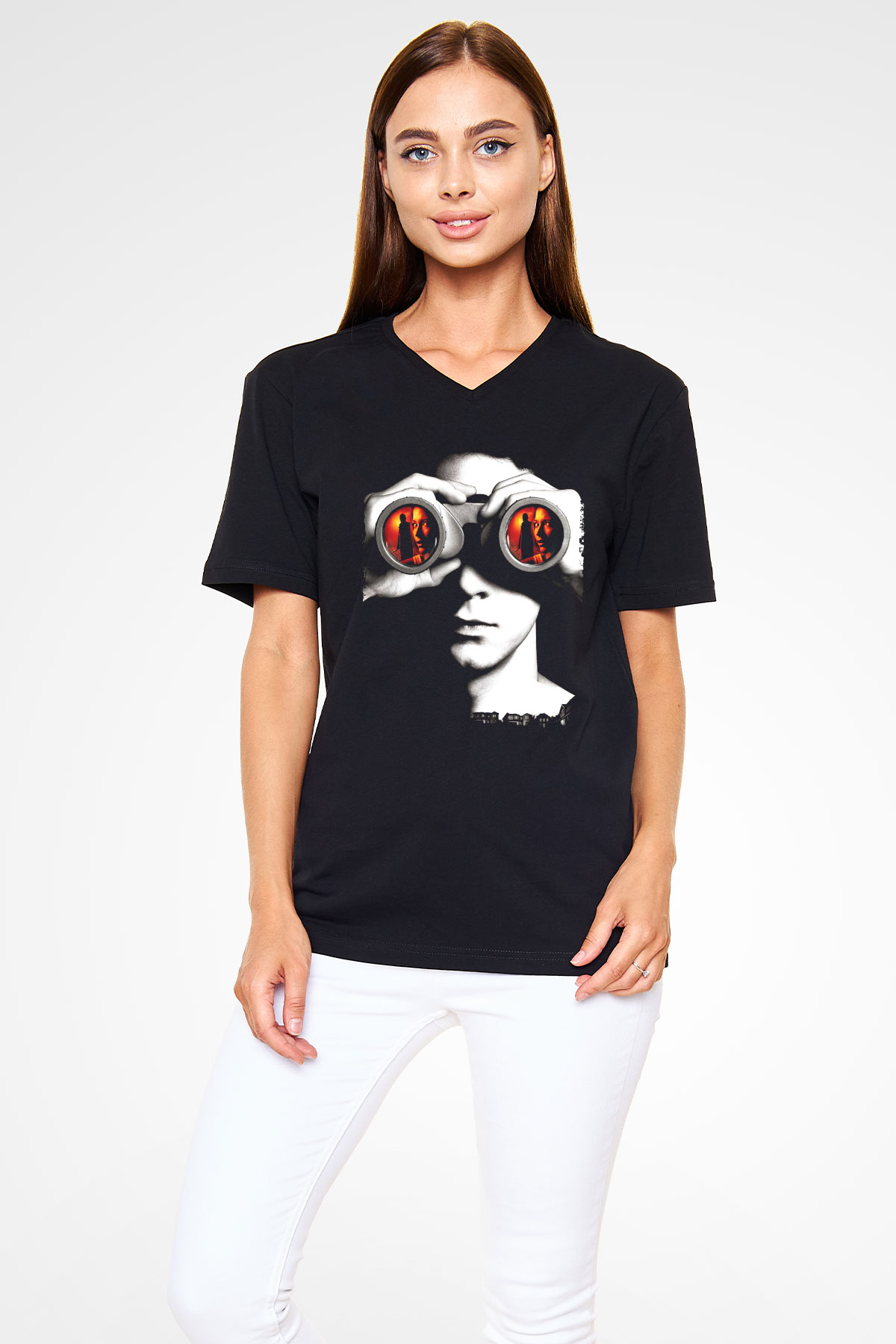 Unisex Şüphe (Disturbia) Baskılı Siyah V Yaka T-shirt