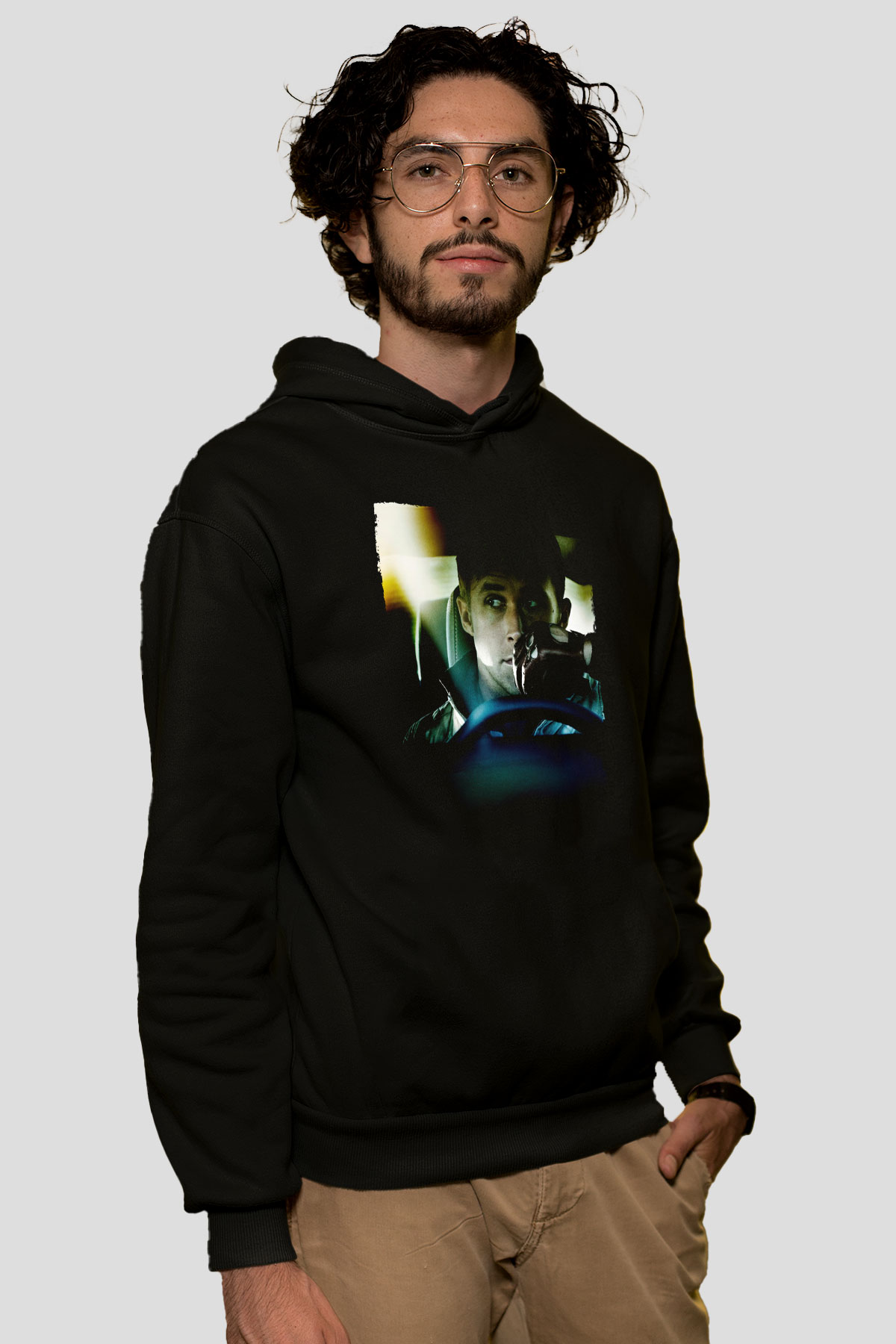 Unisex Sürücü (Drive) Baskılı Siyah Kapüşonlu Sweatshirt