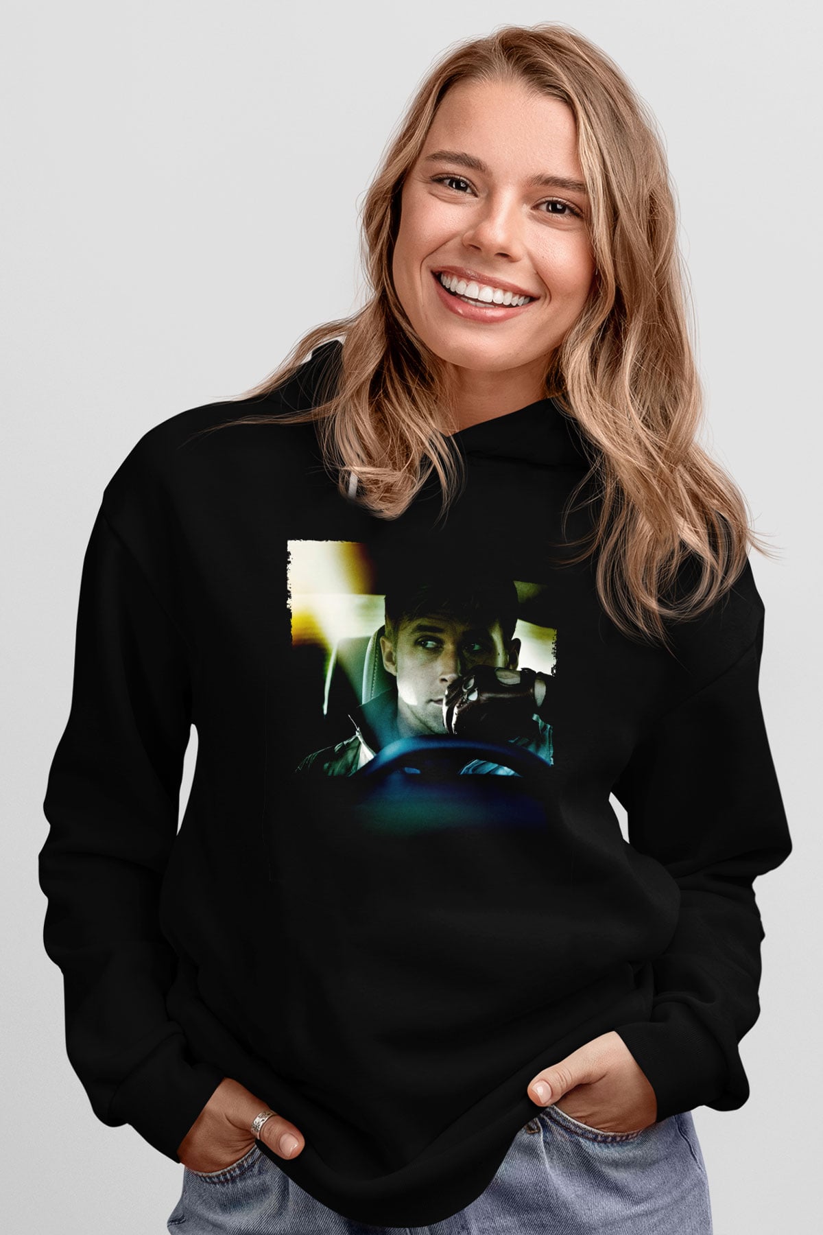 Unisex Sürücü (Drive) Baskılı Siyah Kapüşonlu Sweatshirt