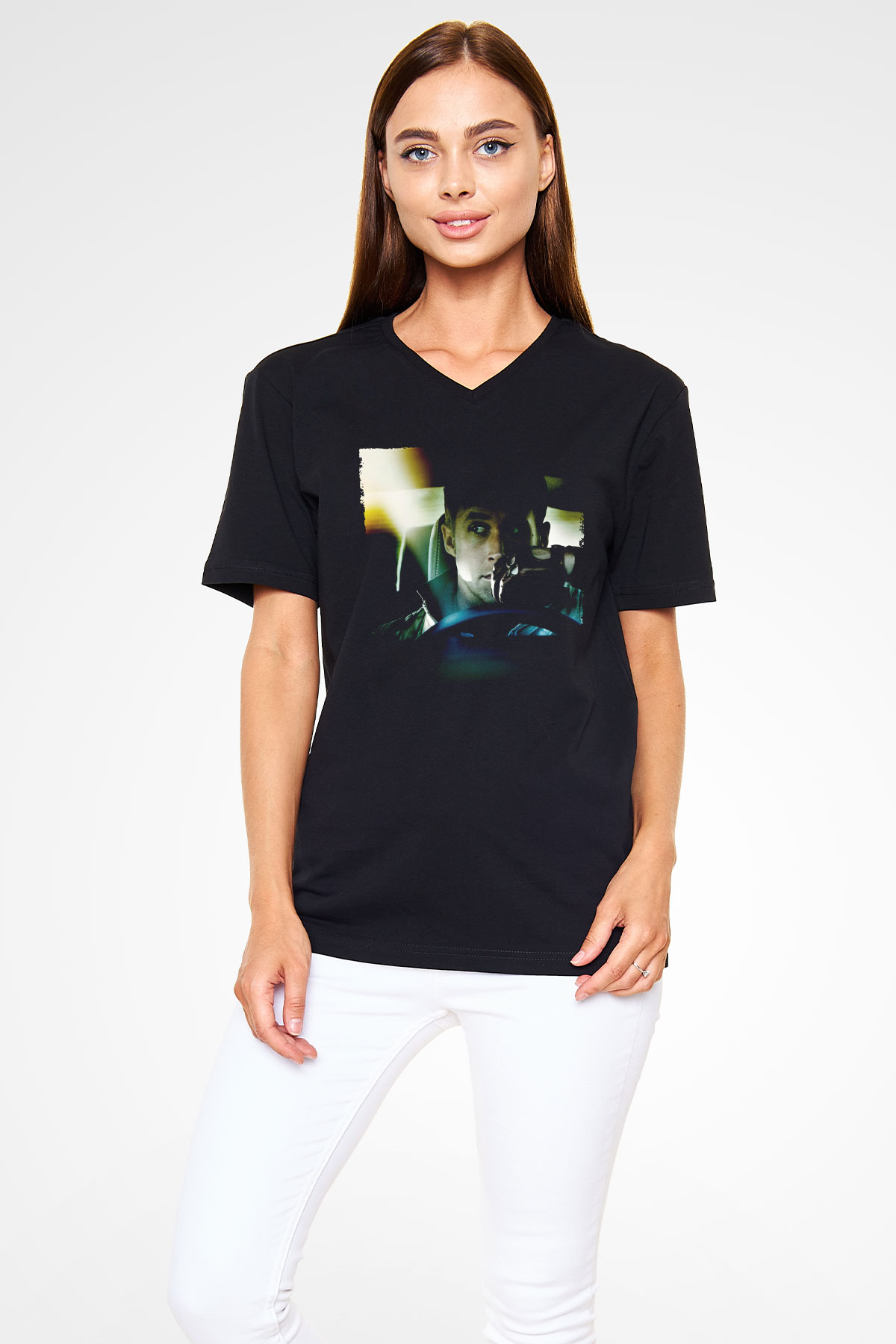 Unisex Sürücü (Drive) Baskılı Siyah V Yaka Tshirt